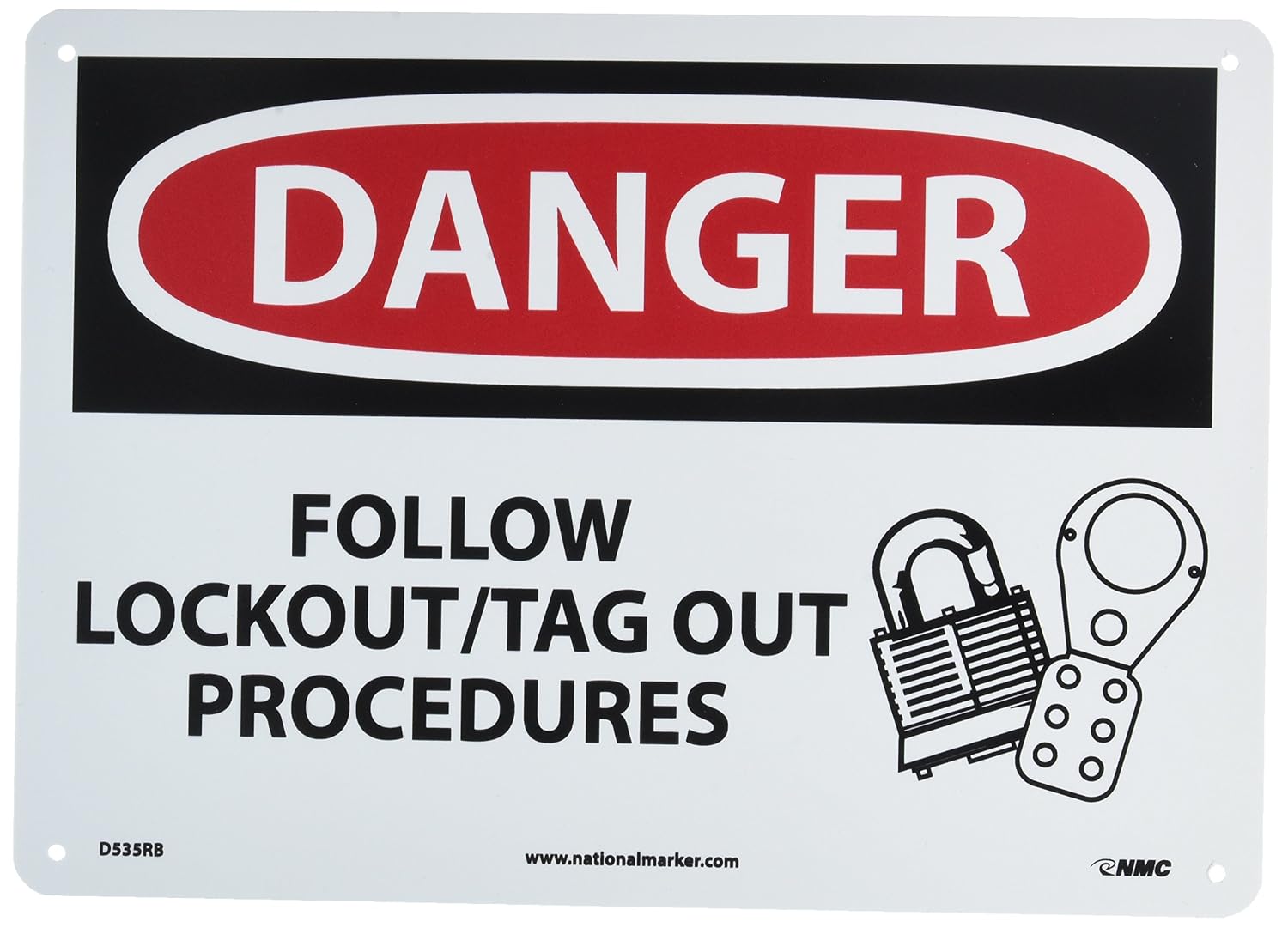 NMC D535RB OSHA Sign, Legend "DANGER - FOLLOW LOCKOUT/TAG OUT PROCEDURES" with Graphic, 14" Length x 10" Height, Rigid Plastic, Black/Red on White