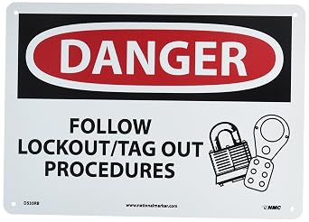 NMC D535RB OSHA Sign, Legend "DANGER - FOLLOW LOCKOUT/TAG OUT PROCEDURES" with Graphic, 14" Length x 10" Height, Rigid Plastic, Black/Red on White
