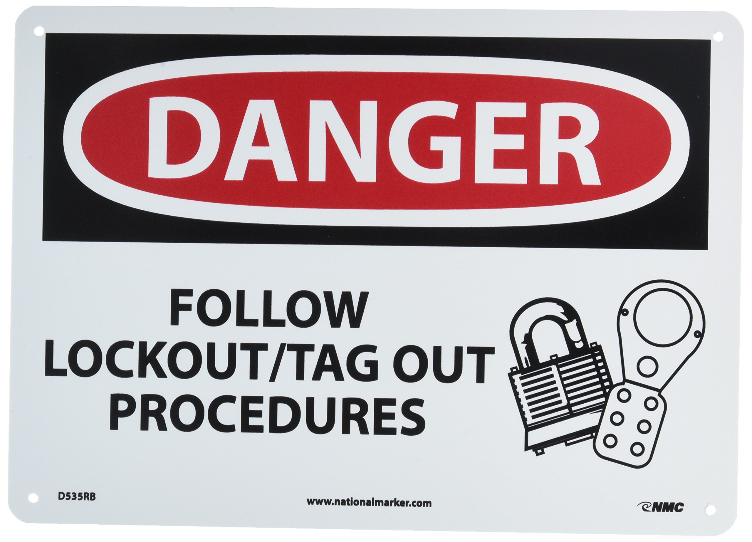 NMC D535RB OSHA Sign, Legend "DANGER - FOLLOW LOCKOUT/TAG OUT PROCEDURES" with Graphic, 14" Length x 10" Height, Rigid Plastic, Black/Red on White