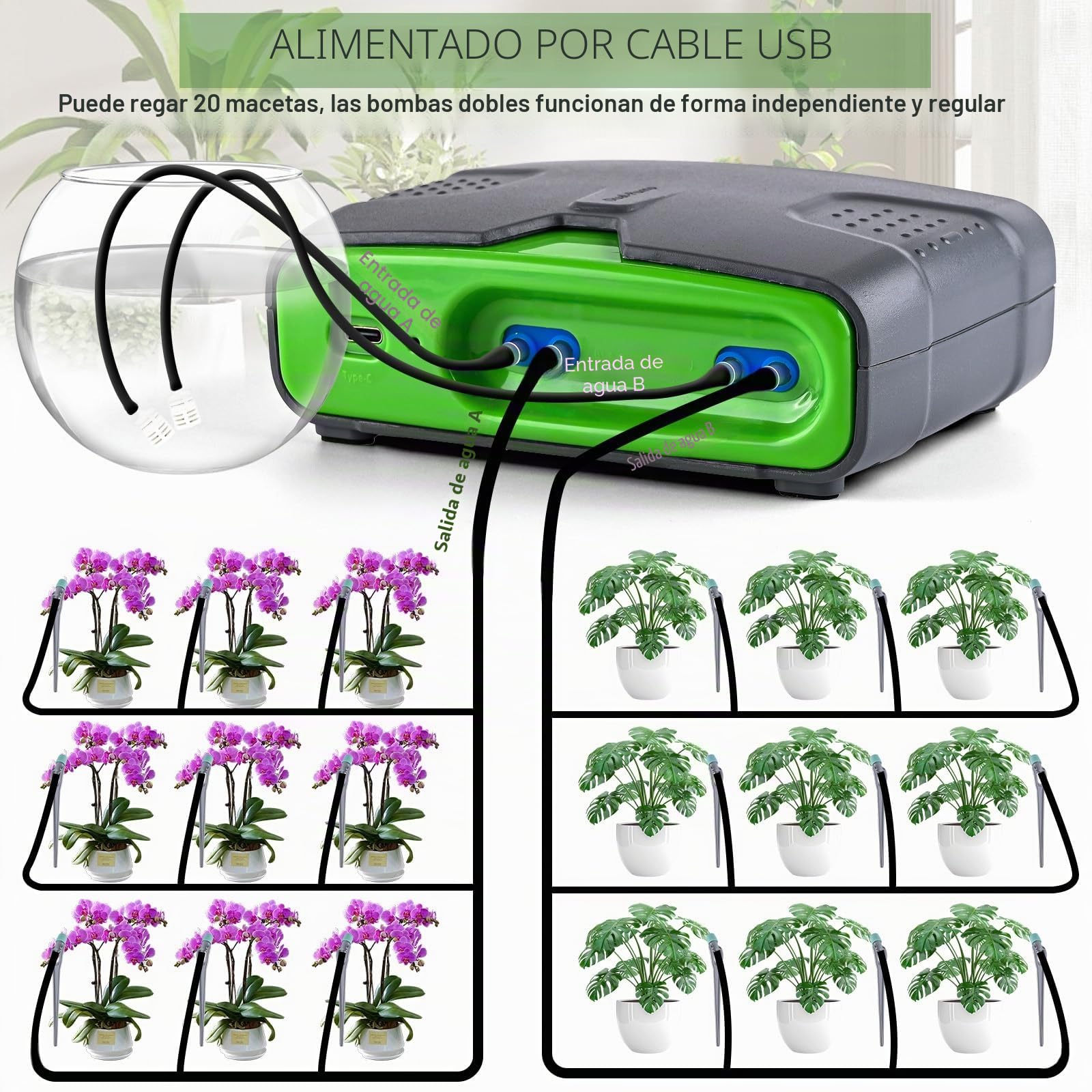 Sistema automático de riego de jardín, sincronización inteligente de doble bomba, puede regar 20 plantas, con tubería de agua de 15 m, ideal para vacaciones