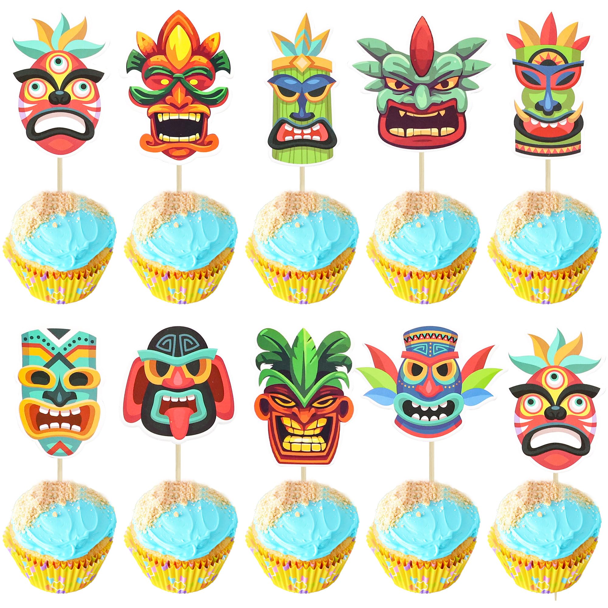 Ephlyn 36Pcs Tiki Tribal Masks Cupcake Toppers Hawaiian Tropical Tiki Totem Cupcake Picks Summer Hawaiian Aloha Tropical Birthday Cupcake Decorations Party Supplies