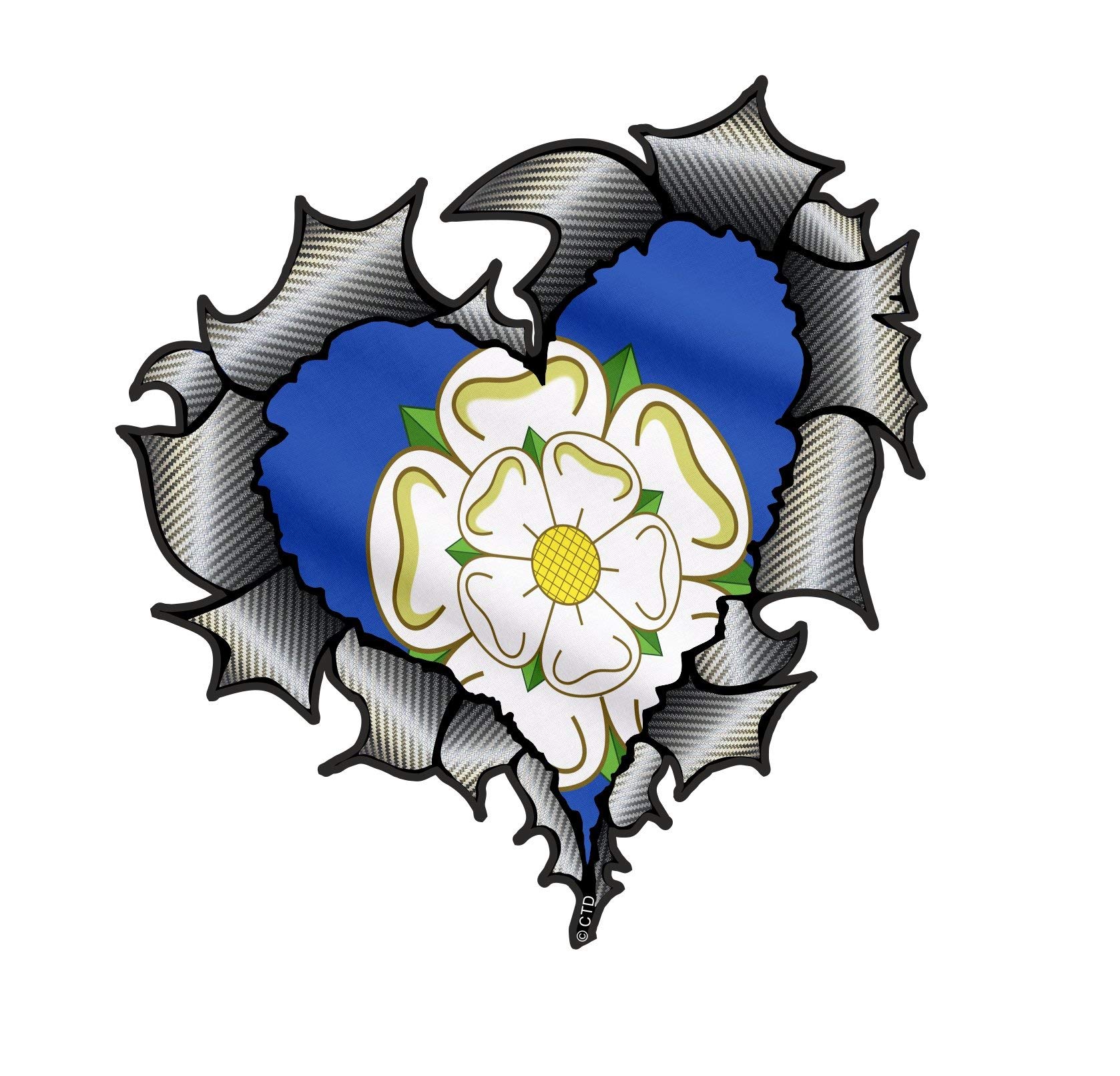 Carbon Heart Ripped Torn Carbon Fibre Fiber design With Yorkshire Rose County Flag Vinyl Car Sticker Decal 105x100mm