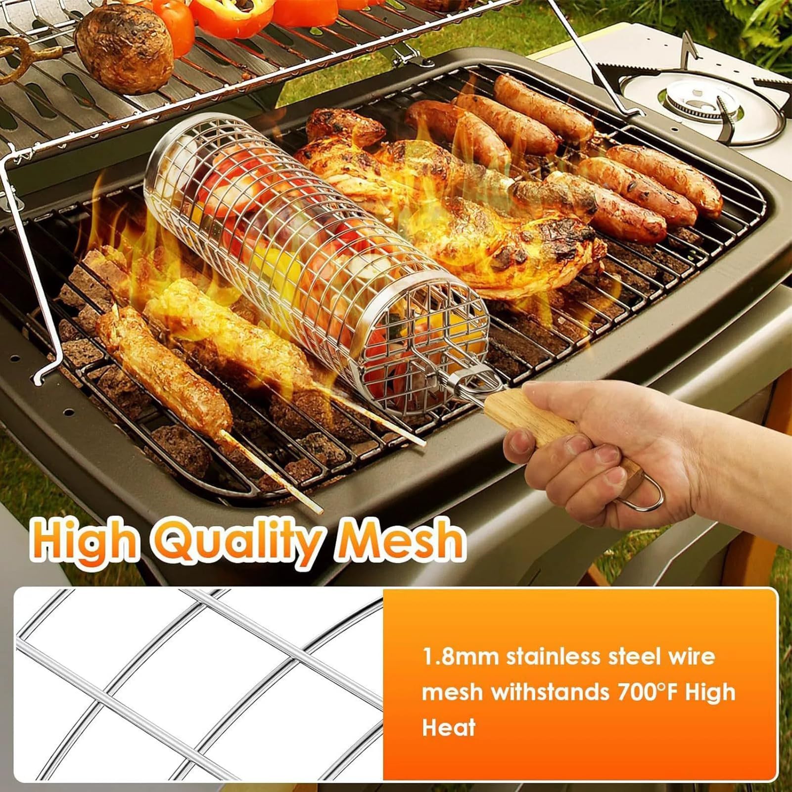 Cestino per grigliare, per barbecue, verdure e gamberetti, cestino rotondo per pesce, verdure, patatine fritte, ideale per cuochi casalinghi, picnic, campeggio e grigliate in spiaggia