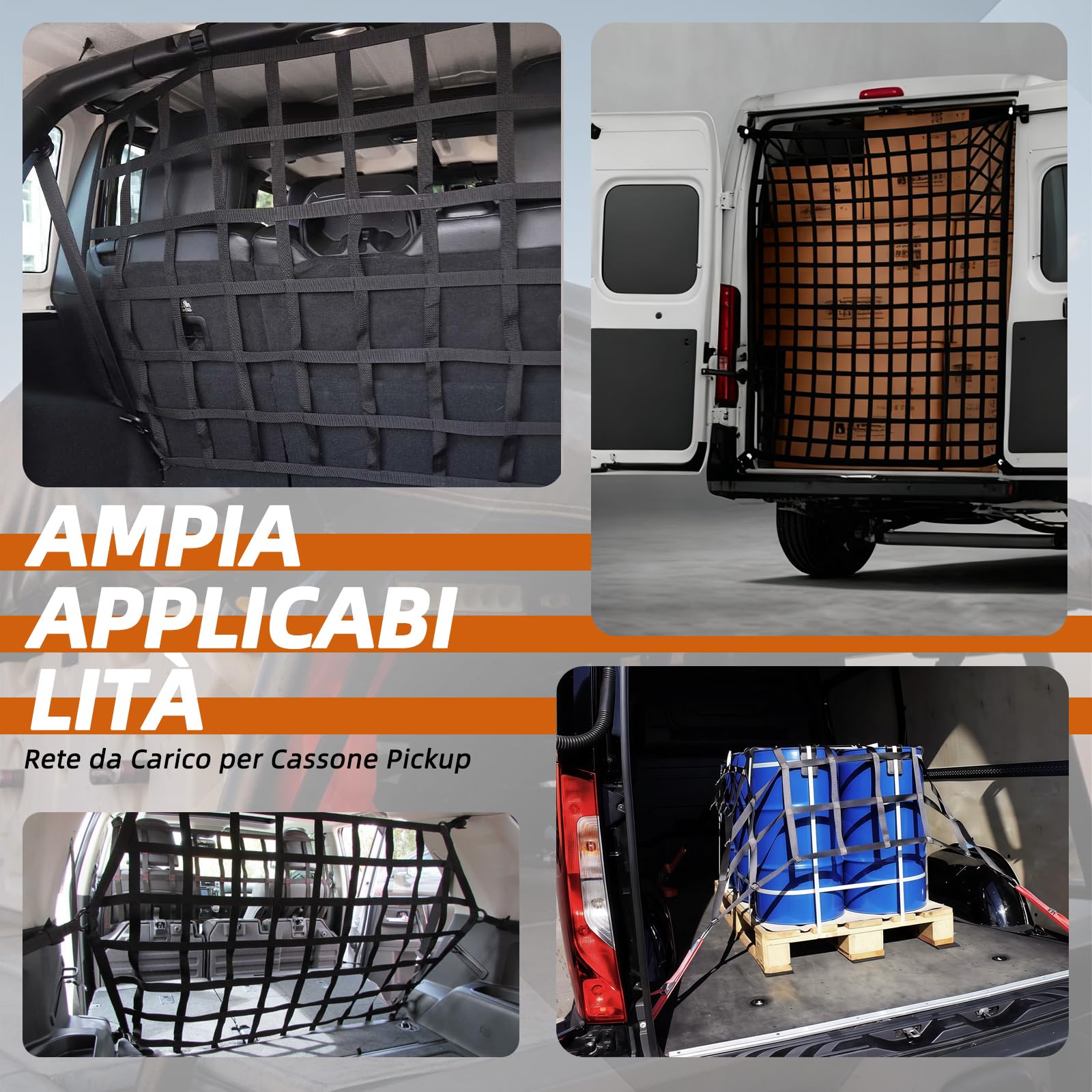 Rete di carico: rete antistrappo con 4 cinghie regolabili per fissare il carico su rimorchi pickup. Adatto per furgoni, Ducato, Boxer, Jumper, Opel Movano, Ford Transit, Mercedes-Benz