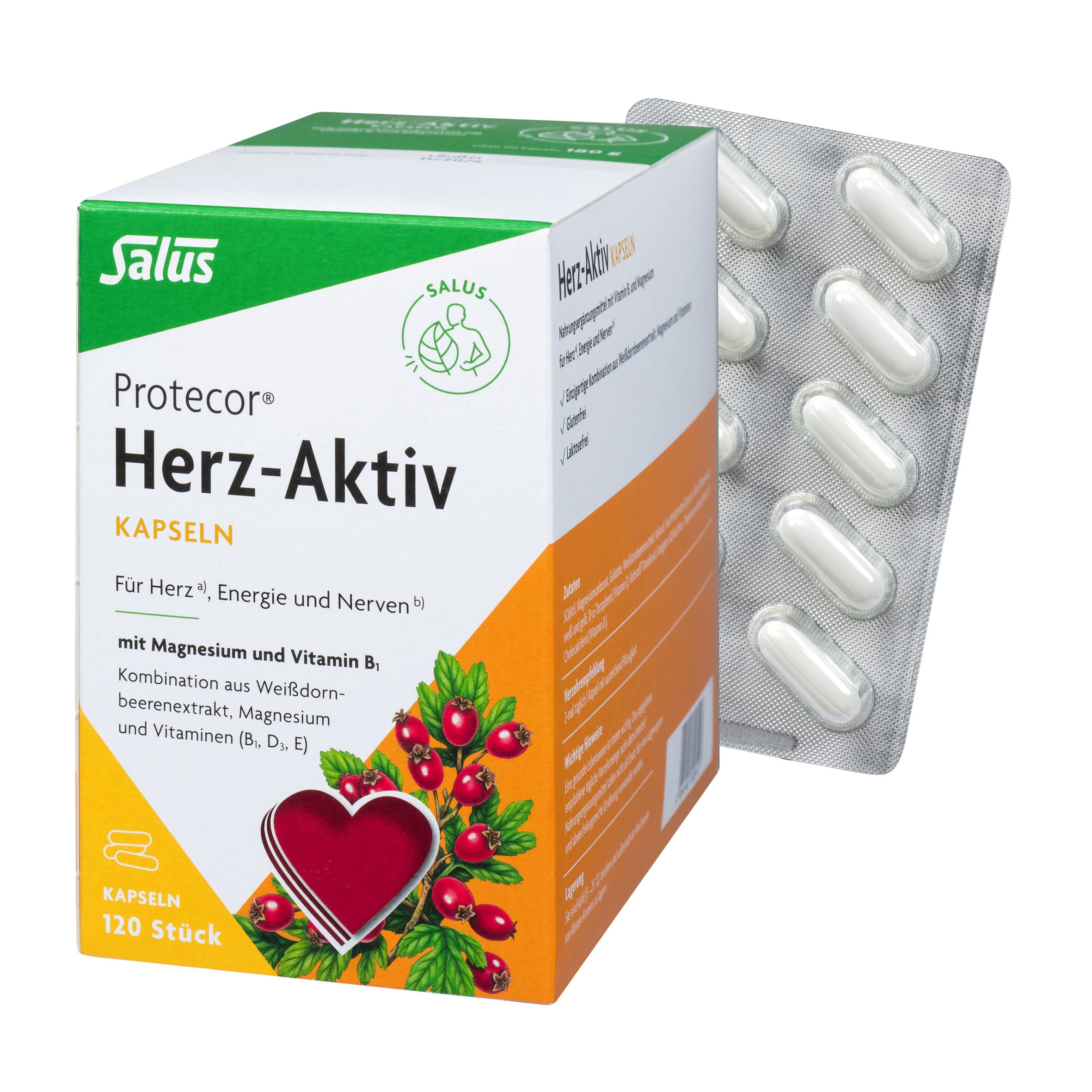 Salus Protecor Herz-Aktiv - 1x 120 Kapseln (180 g) - Nahrungsergänzungsmittel mit Vitamin B1 und Magnesium - zur Unterstützung der Herz und Muskelfunktion - Vitamin E und D3 plus Weißdornbeerenextrakt