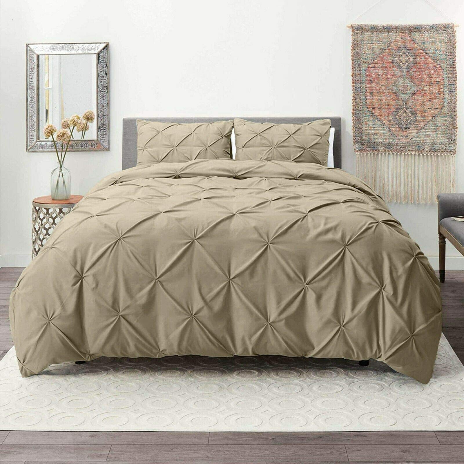 LJ Pinch Pleat Pintuck Diamonds Style Duvet Cover Sets Quilt Cover Sets Cotton Rich Alford Bedding Sets With Pillowcases (Latte, Super King)