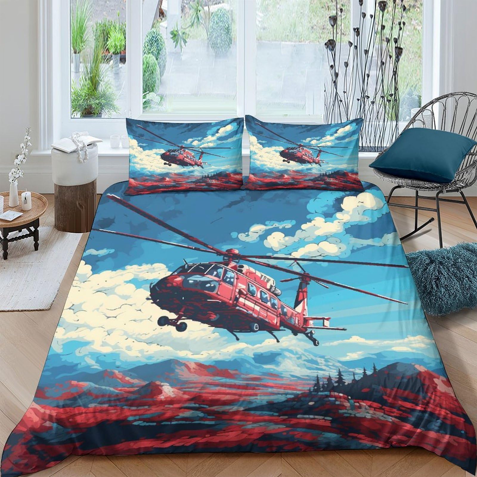 GPLZQXKJNH 3D Printed Helicopter Landscape Duvet Cover Set Microfiber Soft Sky Mountain Bedding Set with 2 Pillowcases for Bedroom Single（135x200cm）
