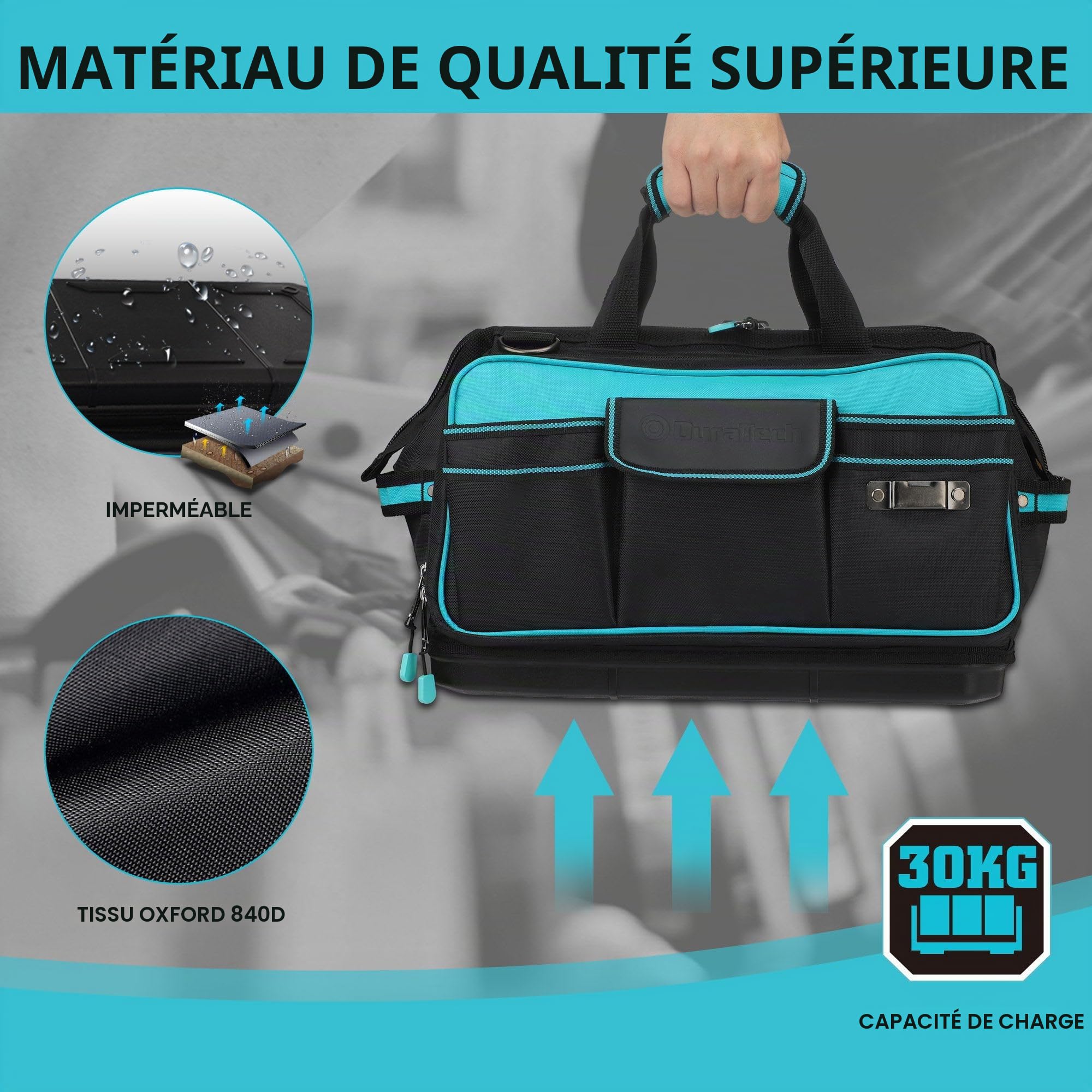 DURATECH Sac à Outils 43CM avec Ouverture Large | Grand Sacoche à Outils en Tissu Oxford 840D avec 32 Poches, Fond Moulée Etanche, Bandoulière Réglable, et Conception à Clip