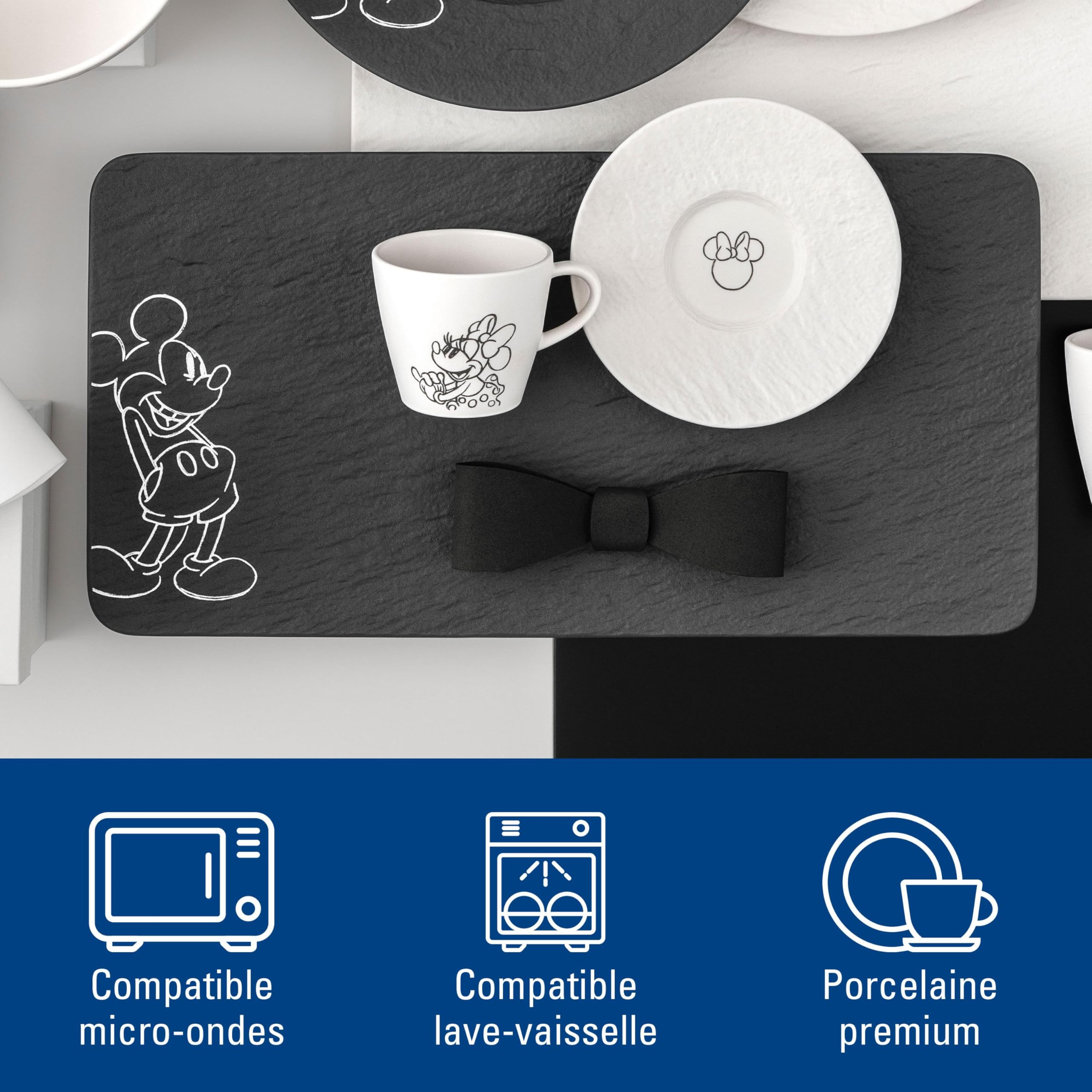 Villeroy & Boch Manufacture Rock – Mickey Mouse – plat de service, noir, résistant au lave-vaisselle/micro-ondes, look ardoise caractéristique avec décor Disney Mickey Mouse à la craie