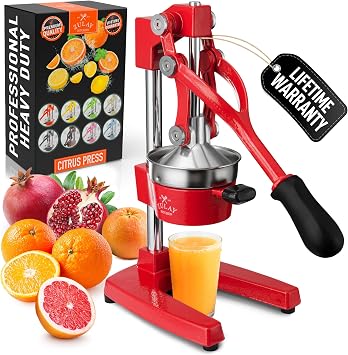 Zulay Kitchen Cast Iron Juicer - Manual Citrus Press and Lemon Squeezer - Premium Quality Heavy Duty Manual Juicer for Orange Juice and Lime Squeezer, Red