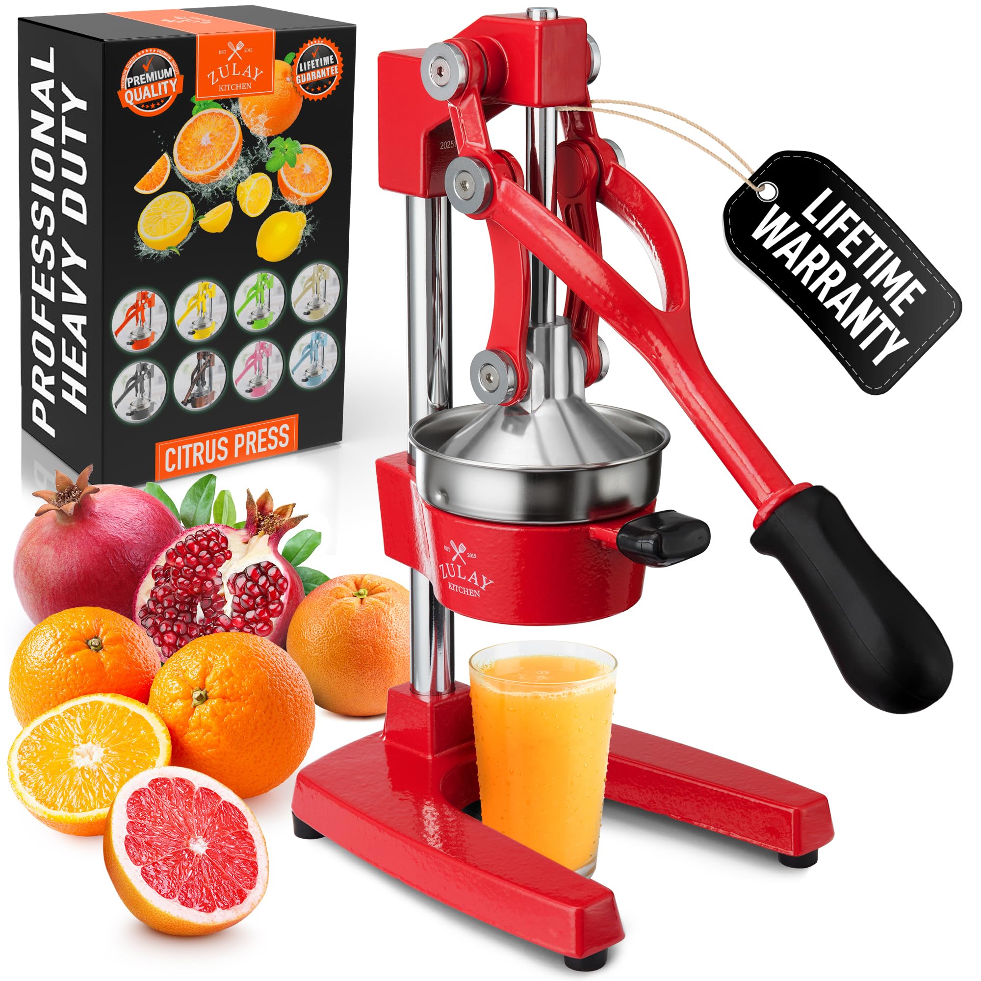 Zulay Kitchen Cast Iron Juicer - Manual Citrus Press and Lemon Squeezer - Premium Quality Heavy Duty Manual Juicer for Orange Juice and Lime Squeezer, Red