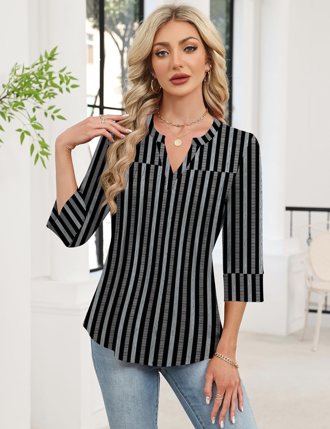 Rapbin Spring Tops for Women 3/4 Length Sleeve Womens Tops Women Blouses Dressy Casual V Neck Tees - Image 4