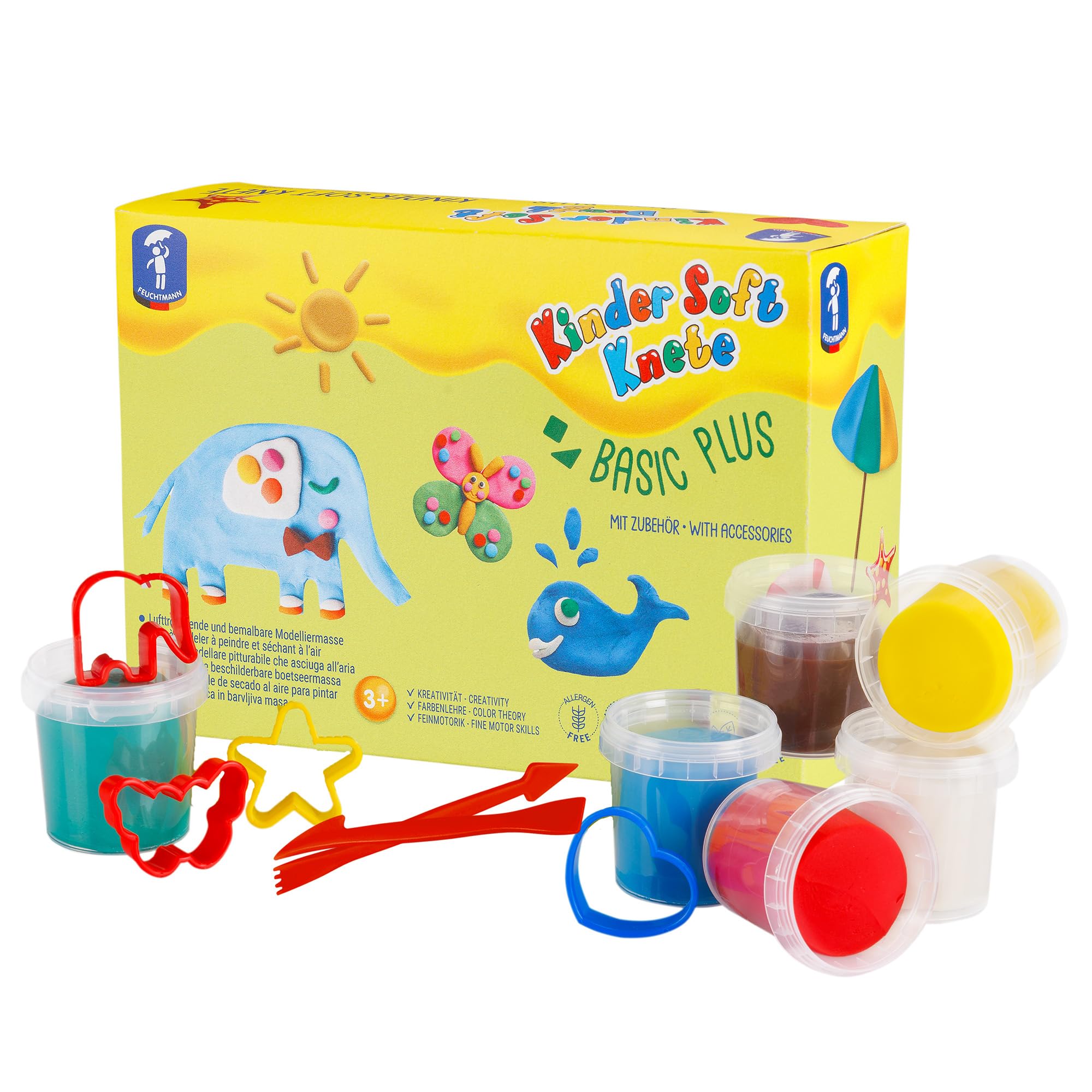 Feuchtmann Kids Soft Knete Basic Plus – 6 x 150 g miękka plastelina dla dzieci z akcesoriami, nietoksyczna, wegańska i bezglutenowa, susząca na powietrzu masa plastelinowa w zestawie do kreatywnej