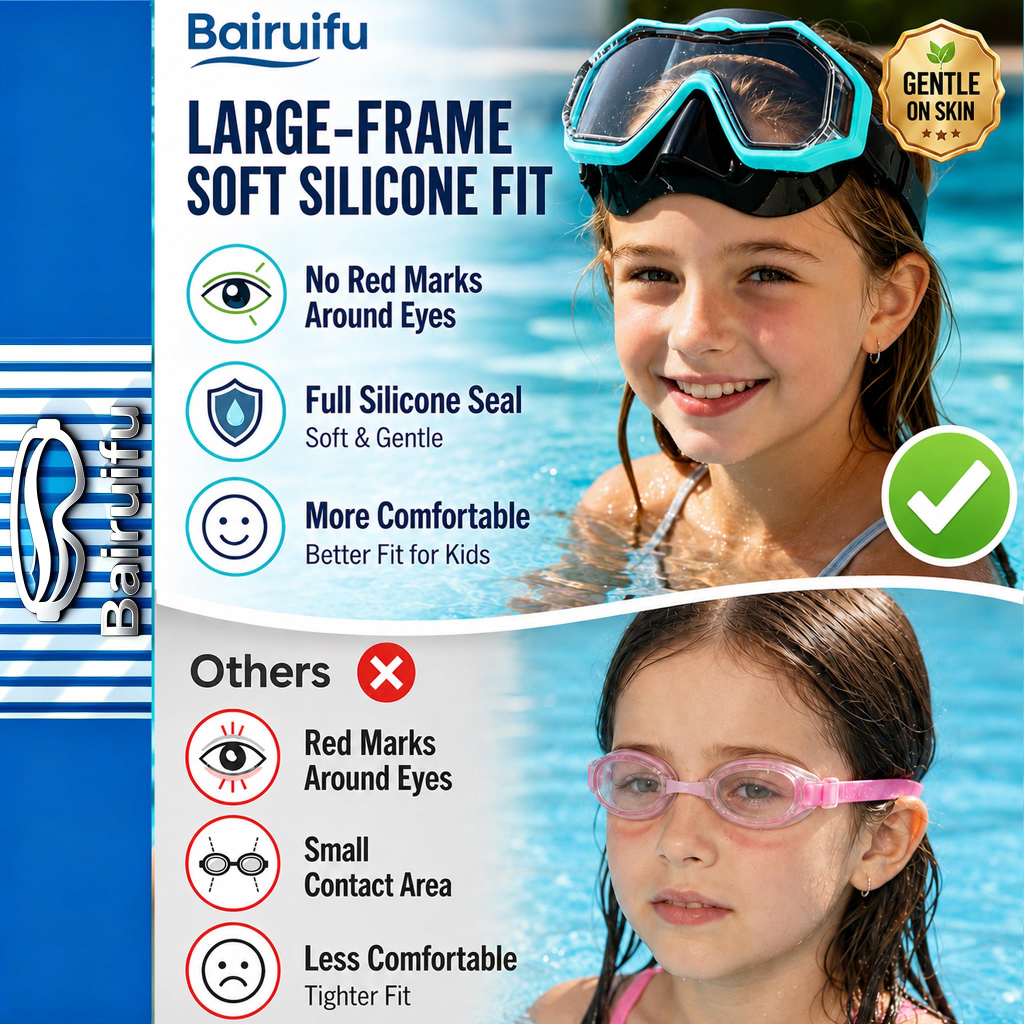 Occhialini da nuoto per bambini dai 4 ai 16 anni, anti-rottura, anti-appannamento, vista panoramica a 180°, occhialini da nuoto con copertura per il naso