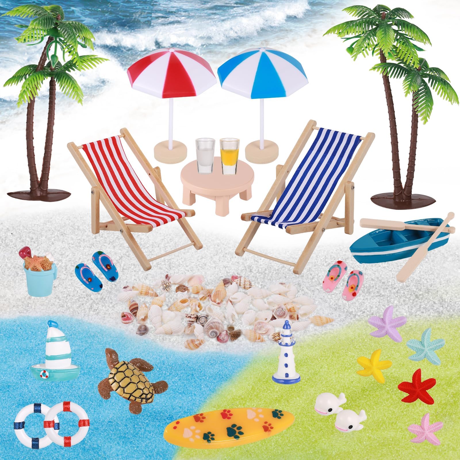 33Pcs Beach Micro Landscape, Miniature Beach Chair Mini Deck Chair Decorative, Mini Seashell Parasol Small Palm Tree Decorative Accessories for DIY Zen Garden Decoration Gift