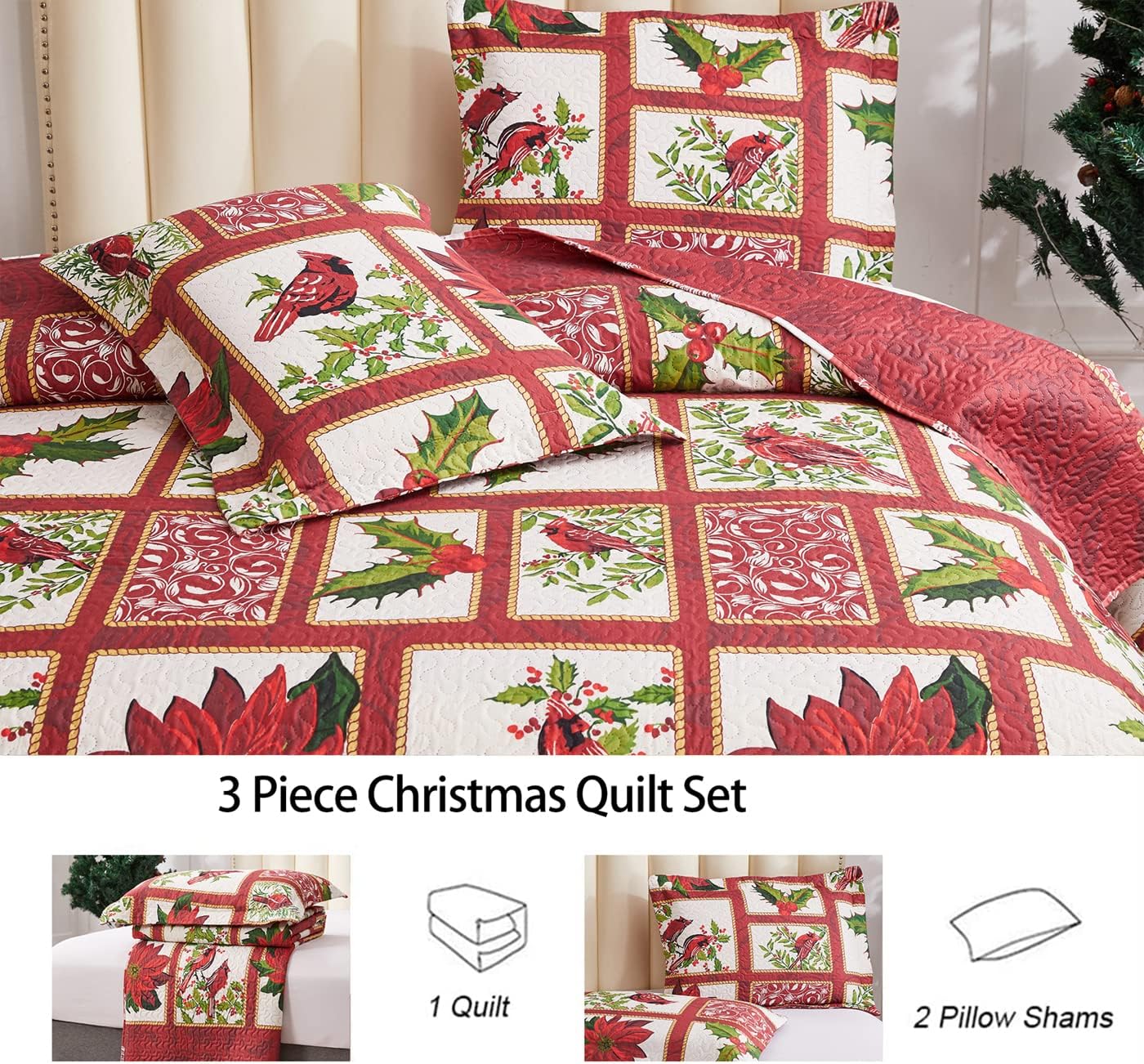 Christmas Bedding Set King Christmas Quilt Bedspread Red Floral Patchwork Reversible Quilt Holiday Xmas Bedding Lightweight Quilt Coverlet Poinsettia Flower Bird Christmas Home Decor
