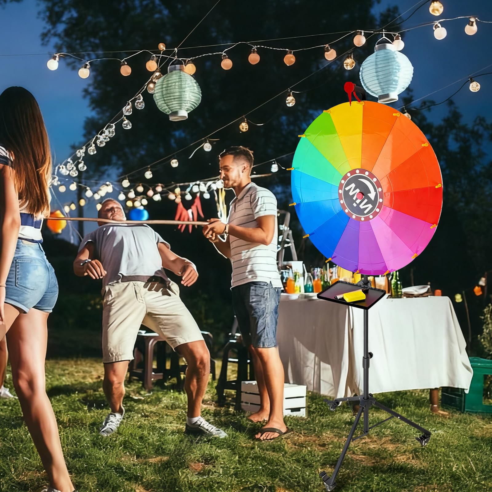 Roue porte-bonheur de 60 cm de diamètre - Roue de bonheur - Hauteur réglable de 90 à 150 cm - Jeux - Plateau rotatif amovible - Grande roue à tourner - Avec porte-stylo - Outils d'écriture