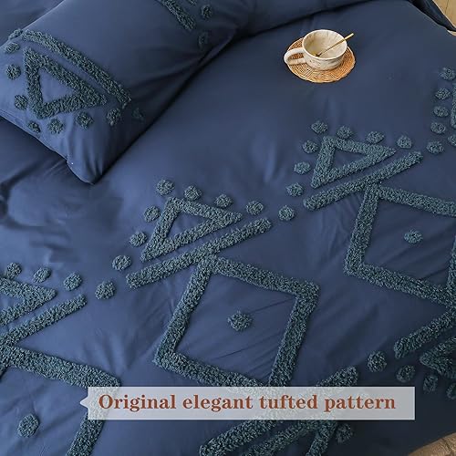 Miniatura 6 de Simple&Opulence Juego de funda de edredón 100 % algodón bohemio copetudo, tamaño Queen, funda de edredón bordada con textura azul marino con 2
