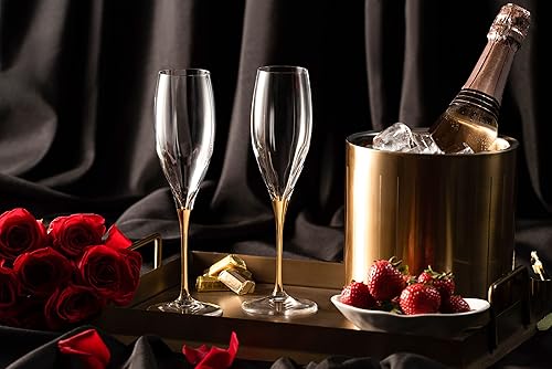 Miniatura 3 de Barski Copas de flauta para tostar, champán, juego de 6 vasos de cristal, copas de tostación de boda, tallo dorado, 11 onzas, fabricado en Europa