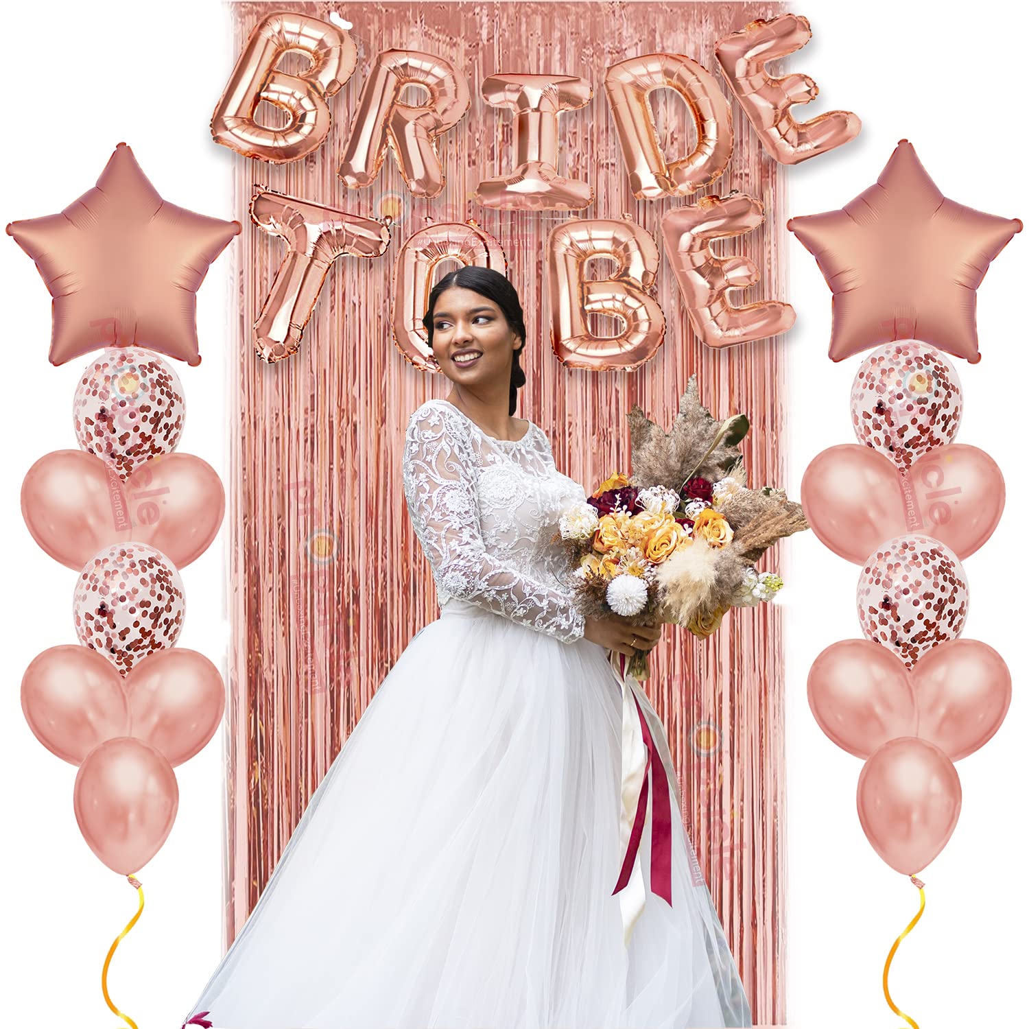 Propsicle Rose Gold Bride To Be Bachelorette Combo Pack | Bride To Be Letter Balloon | 2 Star Balloon | 4 Confetti Balloon | 6 Metallic Balloon | 1 Foil Curtain Party Decoration Item (Pack of 22)