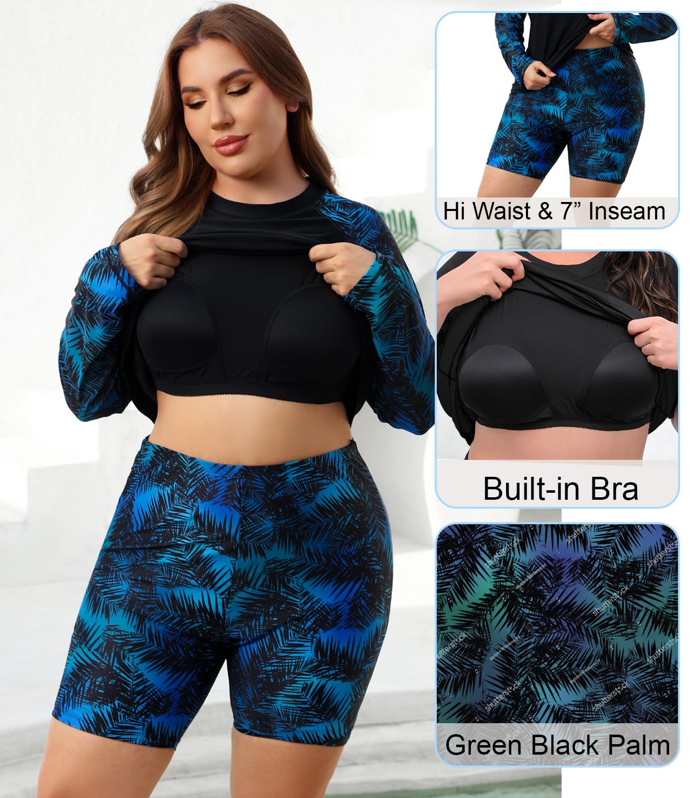 Halcurt Integrierter Damen-BH, langärmelig, Rashguard, Übergröße, 2-teiliges Badeanzug-Shirt und Shorts
