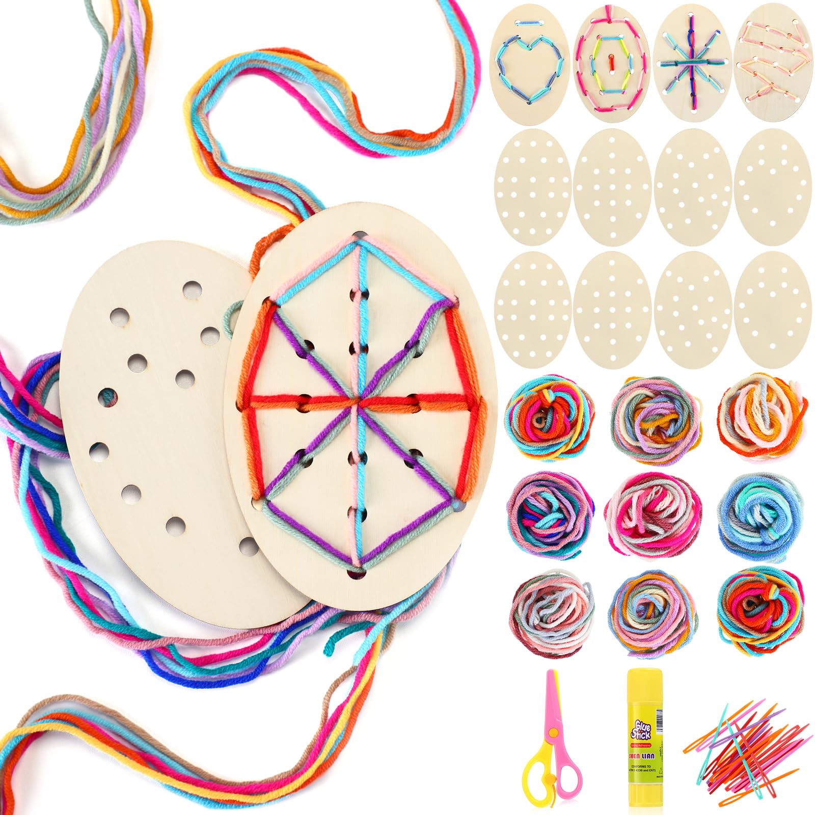 Hollowfly 24 Pcs Easter Wood Egg Crafts Unfinished Wooden Egg DIY Wood Slices with Holes for Kids Crafts Easter Wedding Birthday Party Decorations Cotton Rope Plastic Needle