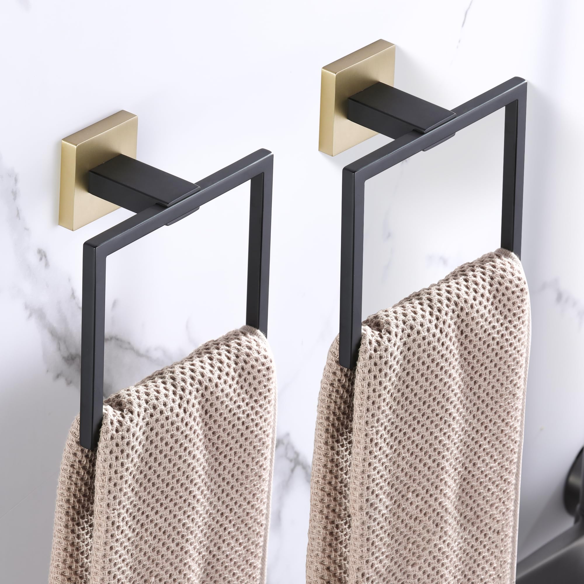 LANC Soporte para toallas de mano para baño, montaje en pared, color negro mate y dorado cepillado, cuadrado, para baño, lavabo SUS304, acero inoxidable, estilo moderno, toallero, perchero, A8896GK