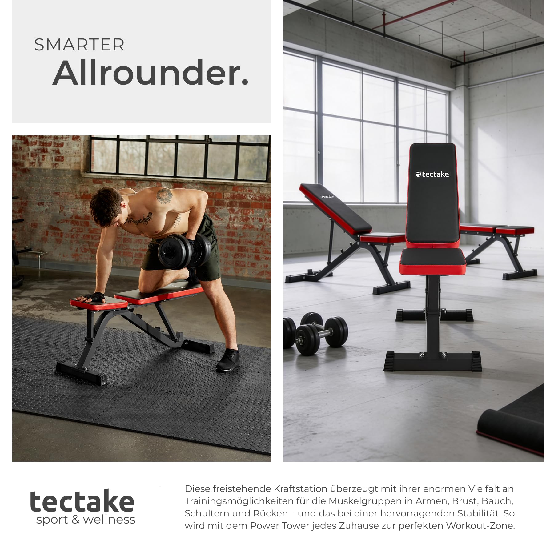 tectake® Hantelbank Schrägbank, Bank mit Schnellverstellung, Trainingsbank mit Rückenablage 4-fach, Sitzfläche 2-fach verstellbar, gepolstert, rutschfest, Fitnessgeräte für Zuhause, Home Gym