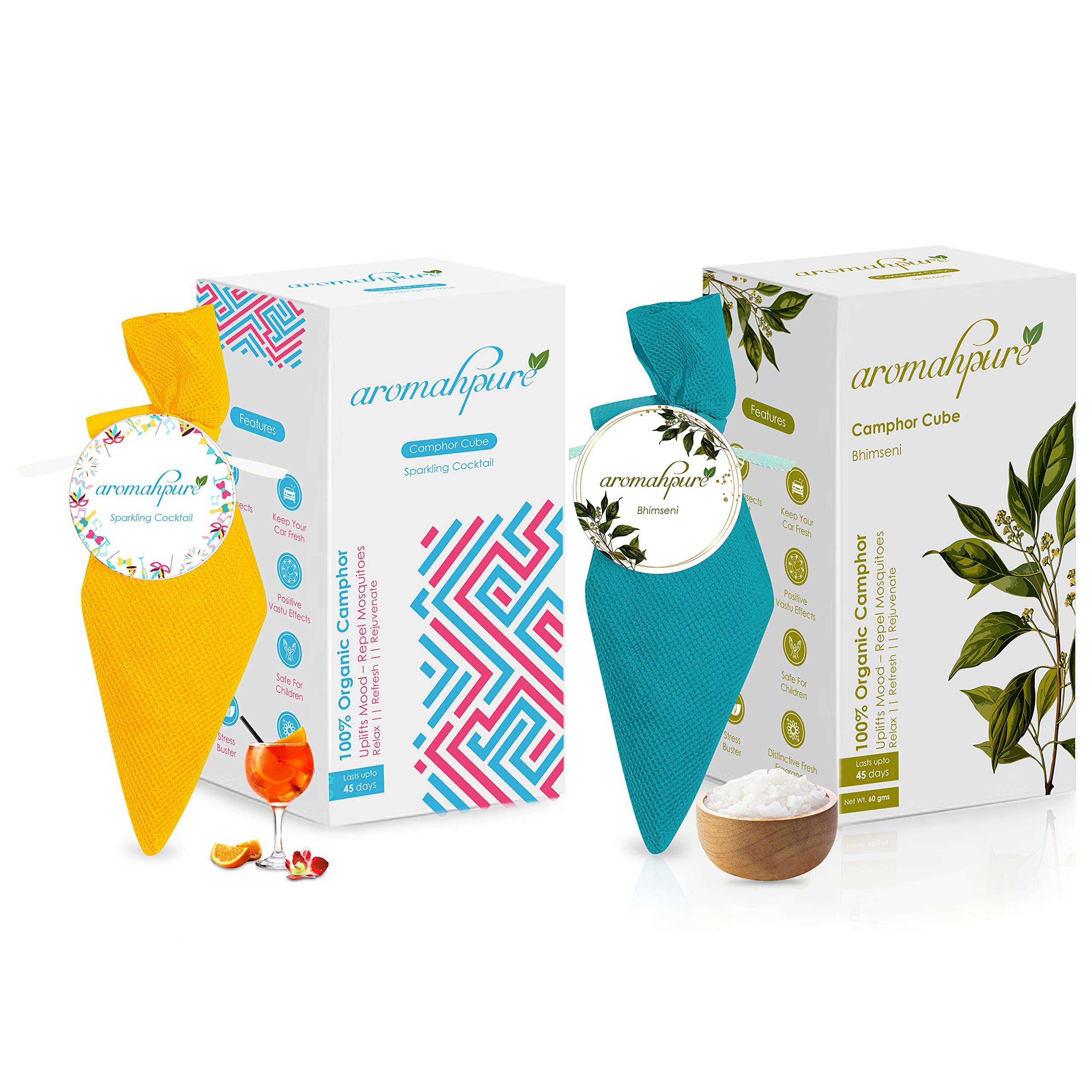 AromahpureCamphor Cube | Pack of 2| Bhimseni & Sparkling Cocktail Fragrance | 45 Days Last Long| 100% Pure & Organic Camphor Cube for Car, Room, Bathroom & Air Freshener
