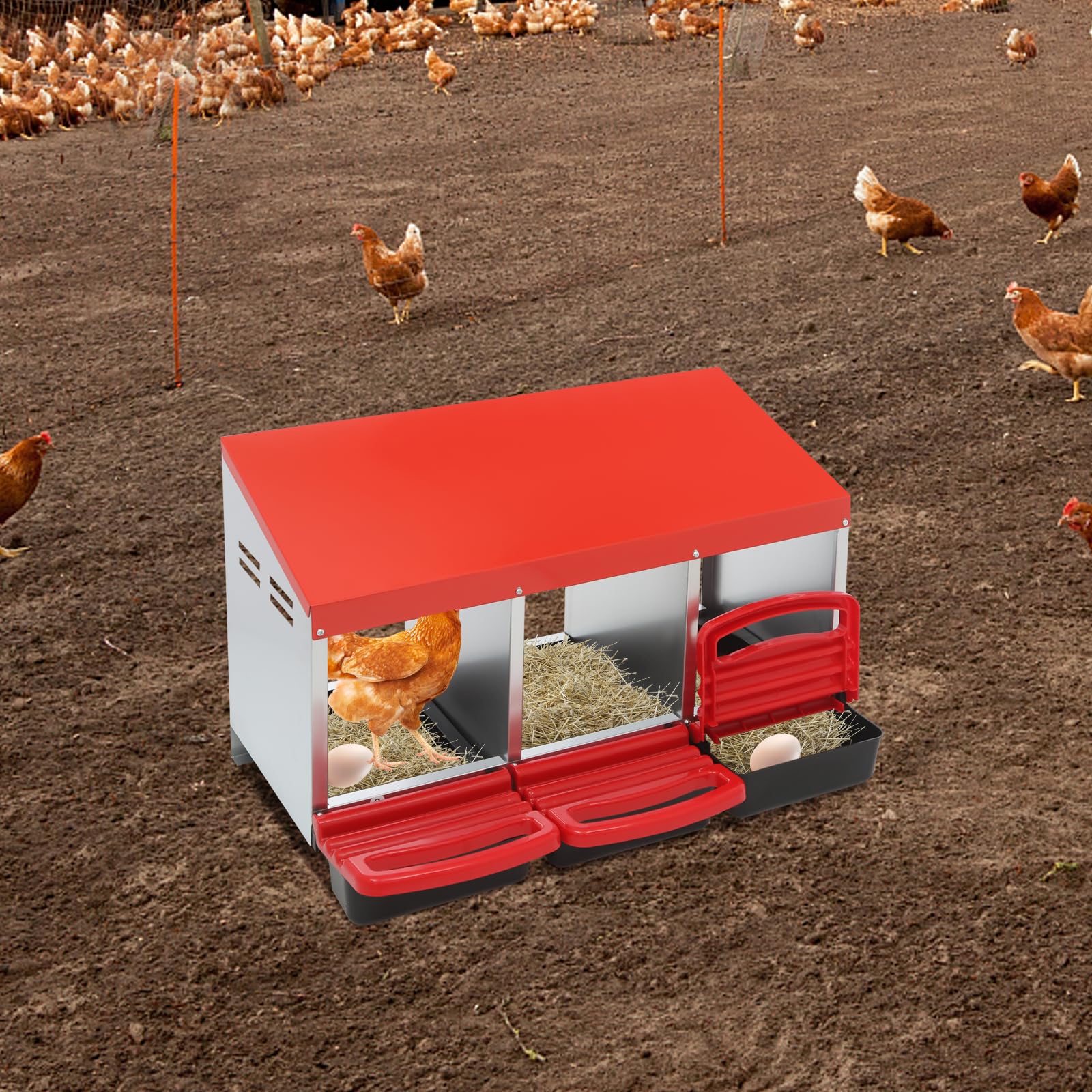Nido para pollos, 3 compartimentos, acero galvanizado, 81 x 52 x 48 cm | Con recolección automática de huevos nidos para aves de corral para montaje en pared o en el suelo en el gallinero