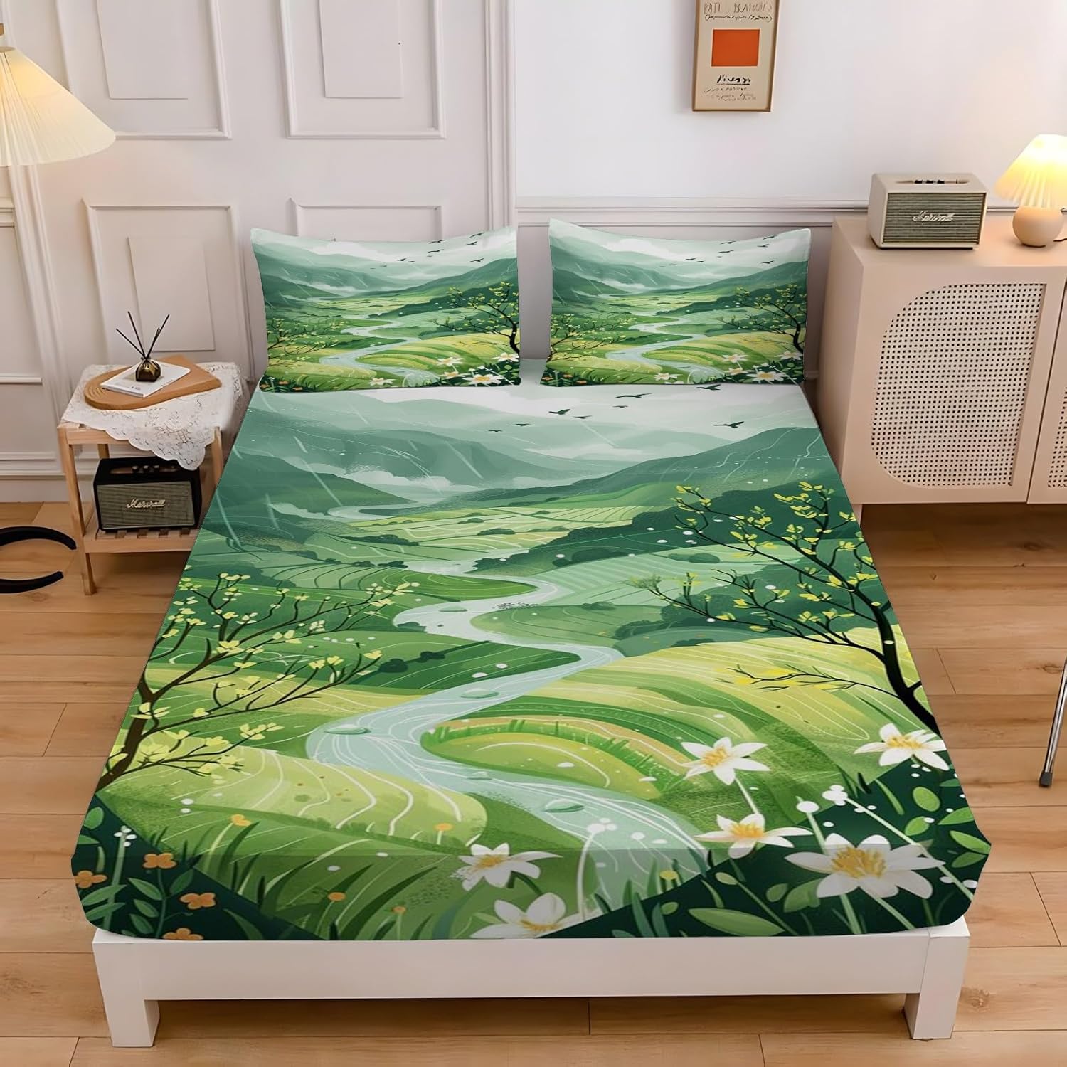 ベッドカバー 風景 マットレスカバー 風景 ベッドシーツ、柔らかい通気性マイクロファイバー、深いポケット、ボックスシーツ、通気性・速