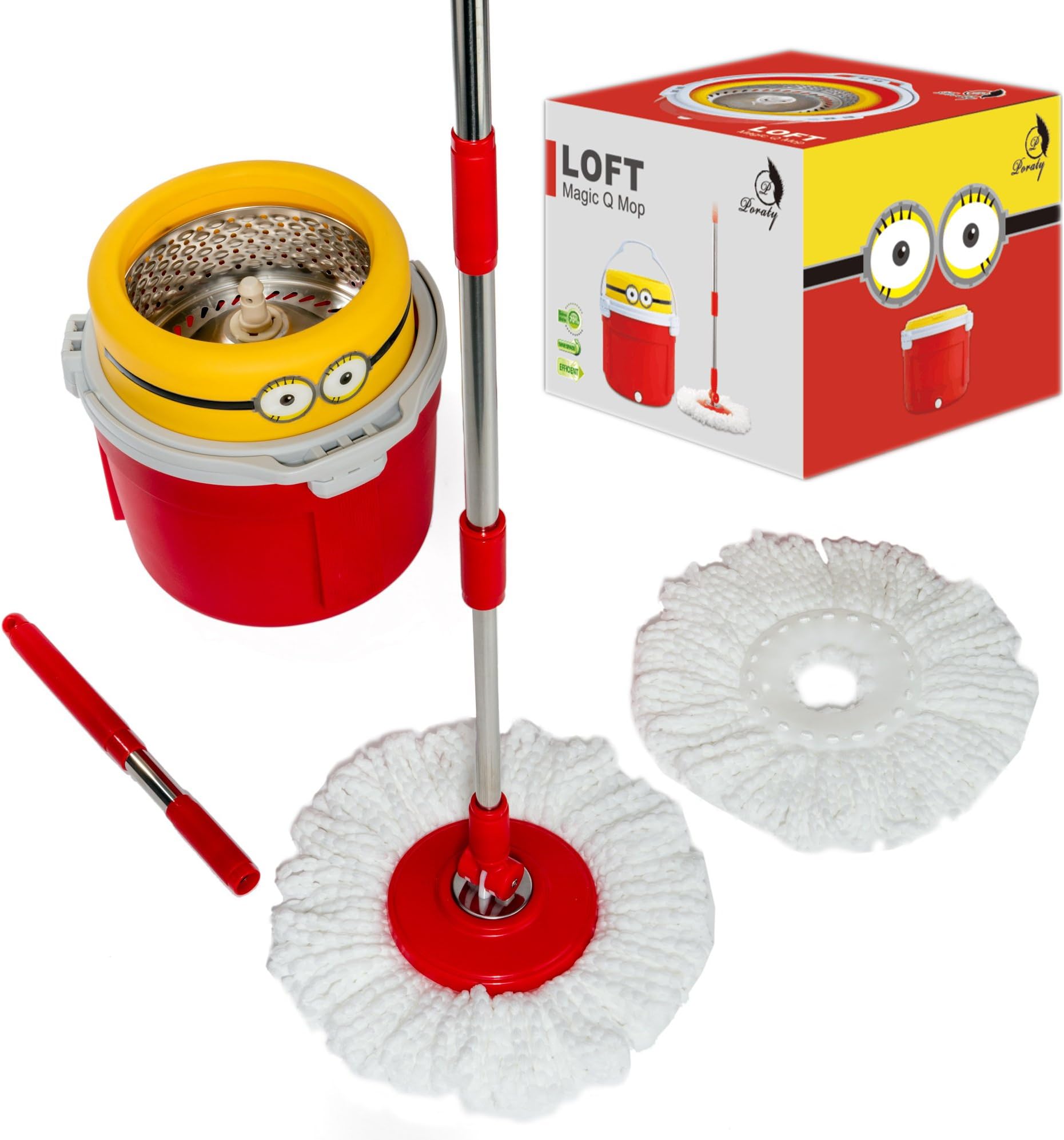 Poraty New Space Saving Stainless Steel Deluxe Rotating 360 Spin Mop with 2 Microfiber Mop Heads - 2017 Upgraded Model