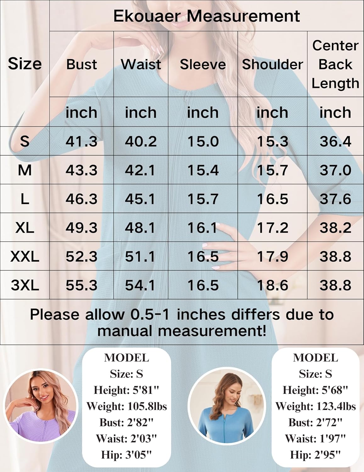 Ekouaer Zip Up Robes for Women Short Waffle Bathrobe Lightweight house coat 3/4 Sleeve Soft Nightgown with Pockets S-3XL - Image 6