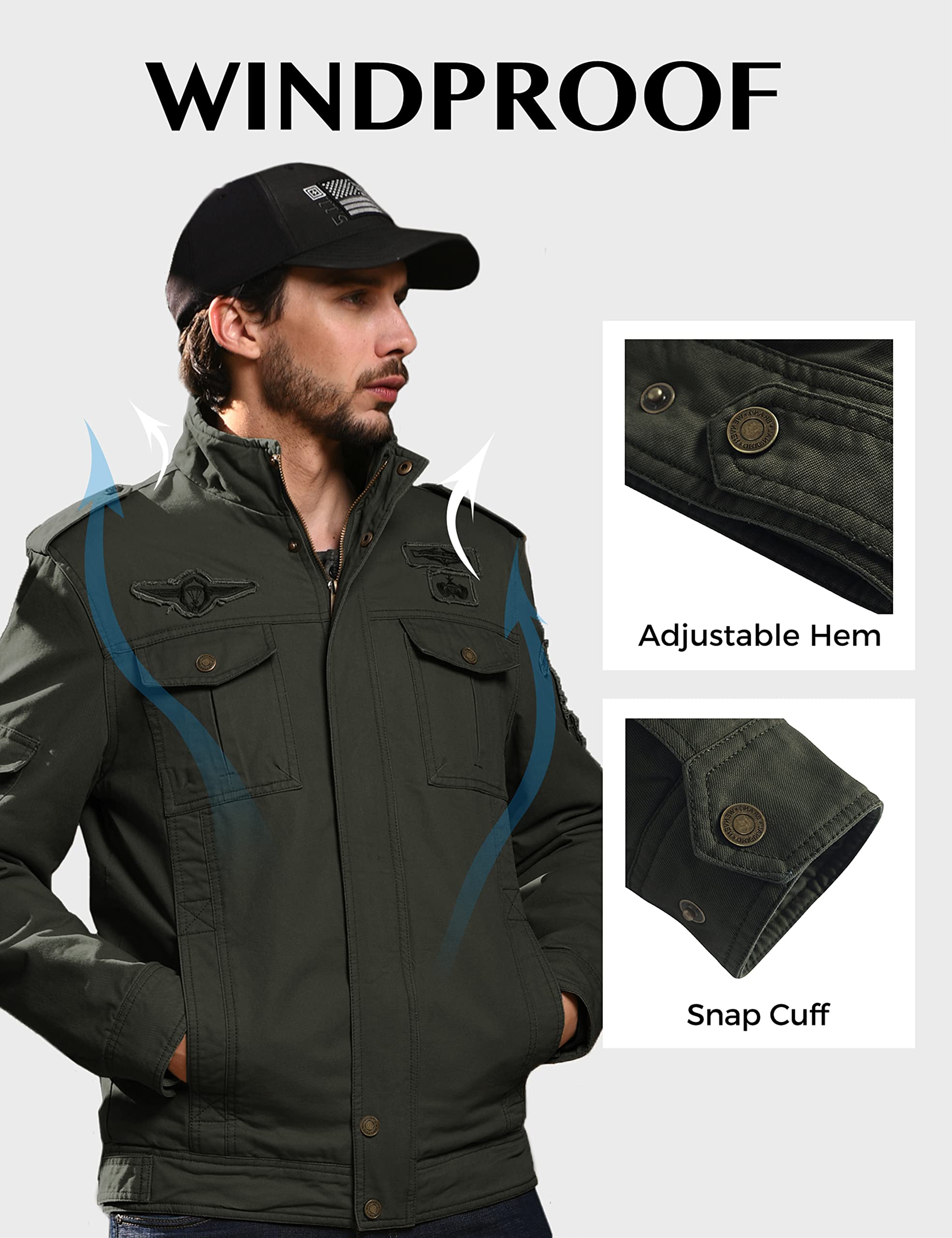 WenVen Veste Saisonnière Homme Veste Chaude Printemps Manteau Coupe-Vent Décontracté Manteau d'Extérieur en Coton Epais Veste Polaire à Col Montant Veste Militaire