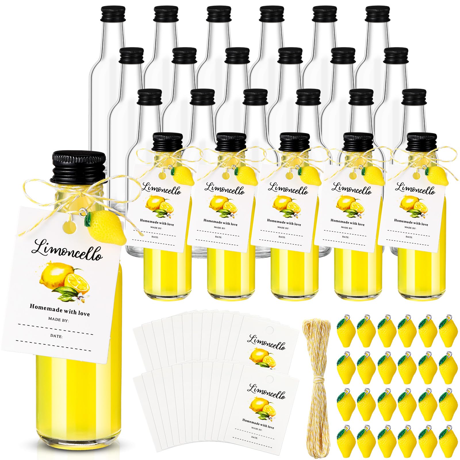 Photo 1 of LemonRoad 24 Sets 1.7 oz Limoncello Glass Bottles, Empty Small Clear Liquor Bottles with Tags, Mini Resin Lemon Charms, Rope for Homemade Limoncello Brewing Beverages Gifts(Classic,Metal Lid)