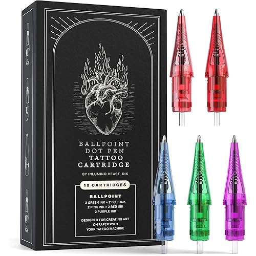 Inlumino Heart Ink Ballpoint Dot Pen Tattoo Cartridges for Tattoo Practice on Paper. 10 0.5mm Tattoo Cartridges for Beginners to Learn How to Tattoo - 2 Pink, 2 Red, 2 Purple, 2 Blue & 2 Green