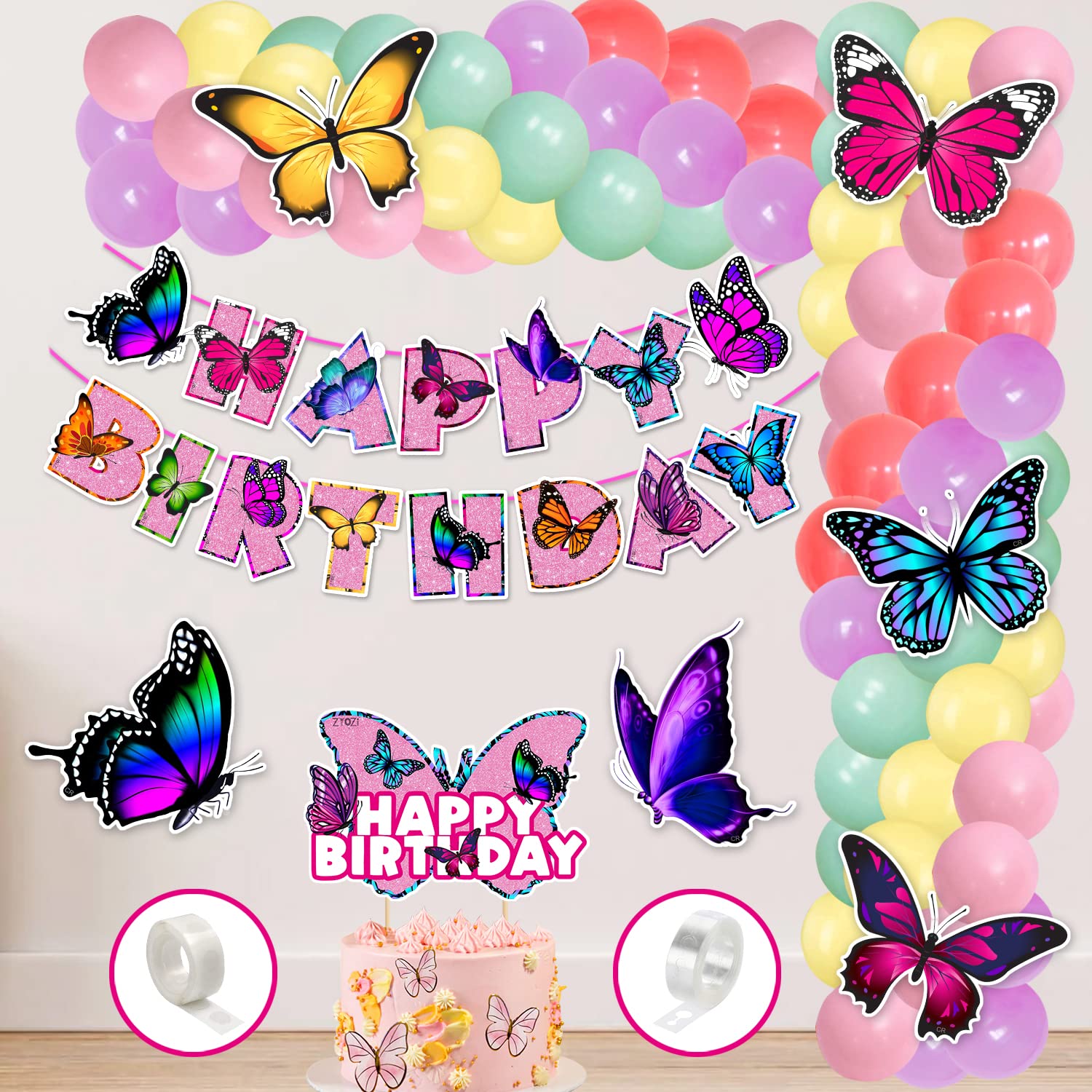 Zyozique Butterfly Theme Balloon arc decoration,Butterfly Theme Birthday for Girls with Happy Birthday Paper Banner Cardstock Cake Toppers Balloons Birthday Decoration Kit (Pack of 60)-image-3