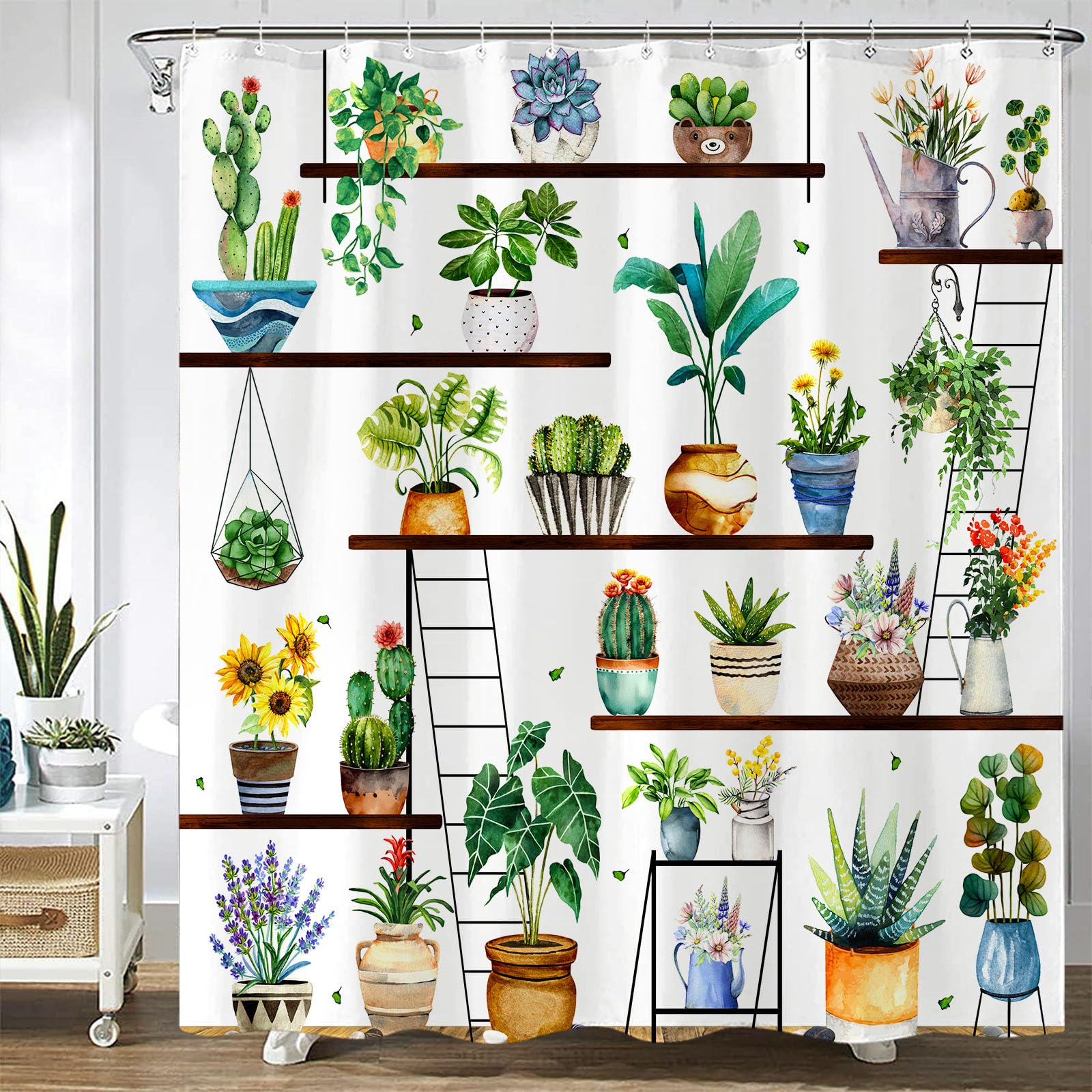 Zussun Green Potted Plant Shower Curtain for Bathroom House Plants Flower Shower Curtains Tropical Cactus Leaf Succulent Floral Waterproof Fabric Bath