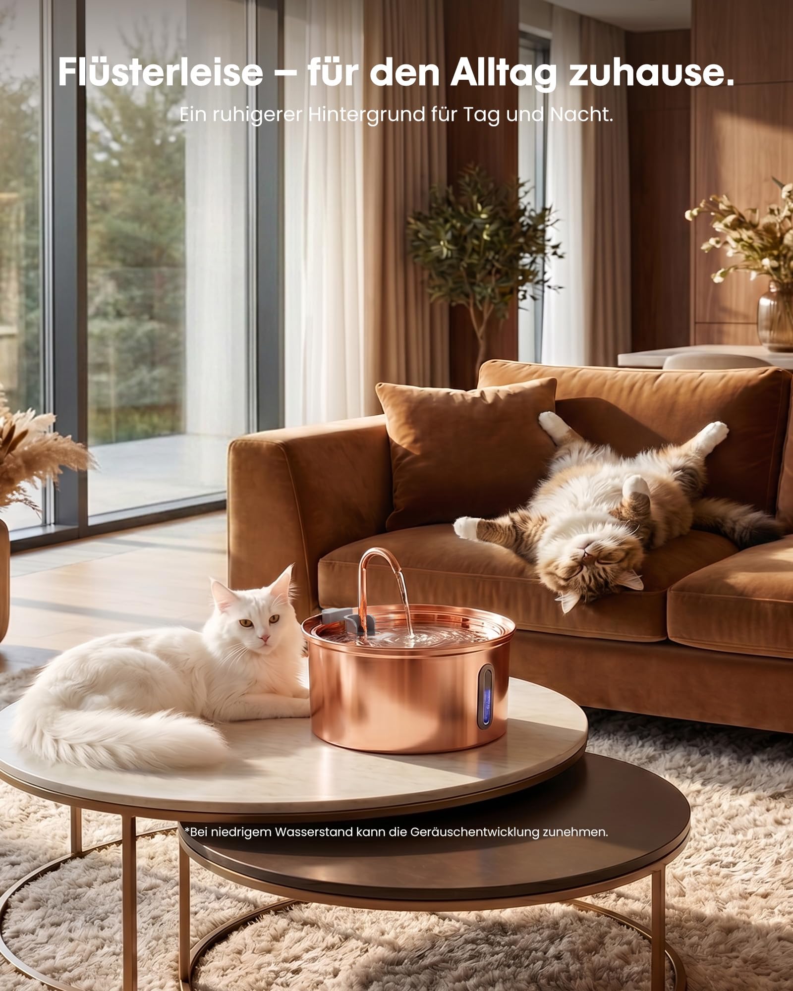 Kittyspout Katzenbrunnen 3,2L aus Edelstahl, mit 3 Filtern und Sichtfenster | Besonders leiser Trinkbrunnen für Katzen und kleine Hunde mit sanfter LED-Beleuchtung, Kupferoberfläche