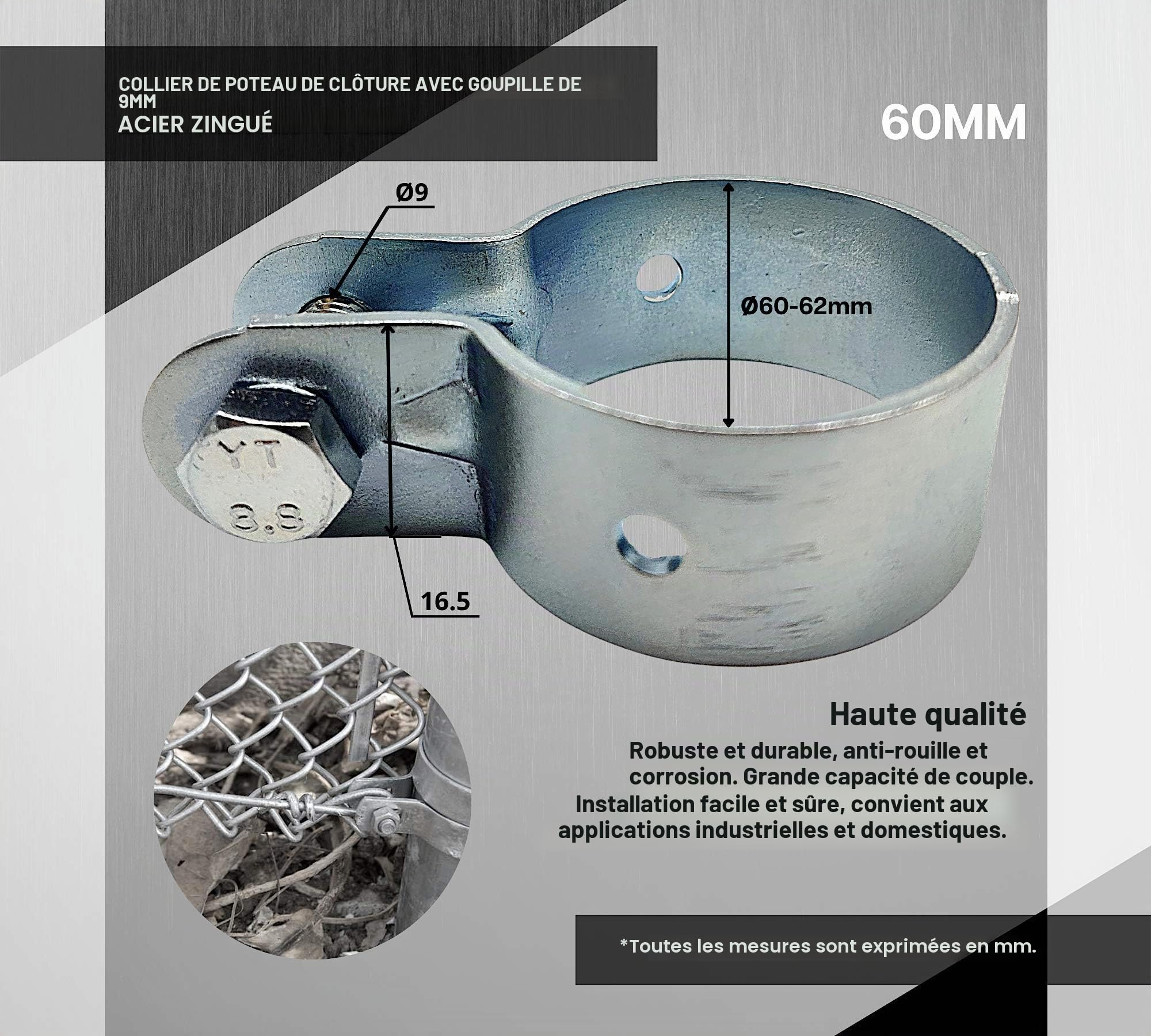 DOJA INDUSTRIAL | Collier de Serrage Poteau 60mm | Couleur Galvanisé | Diamètre: 60mm | Pack 10 | Accessoires pour Clôtures et Poteaux | pour Fixation Entretoises au Poteau Cloture