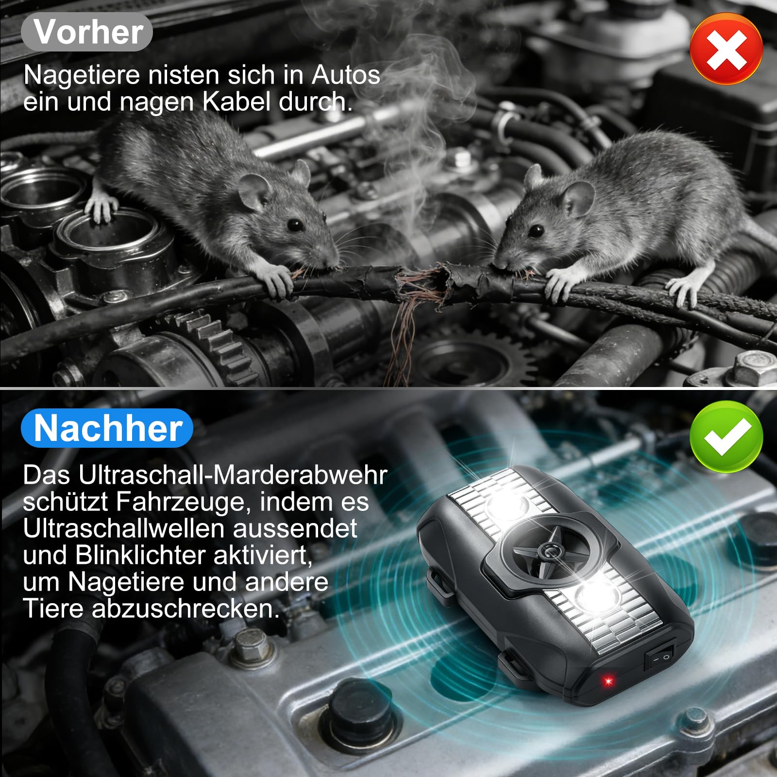 2 Stück Marderschreck Auto, Marderabwehr Dachboden mit Ultraschall & Blinklicht, Mauseabwehr Kraftfahrzeugmotor, Mäuseabwehr Marderschreck für Haus, Garage, Garten, Keller