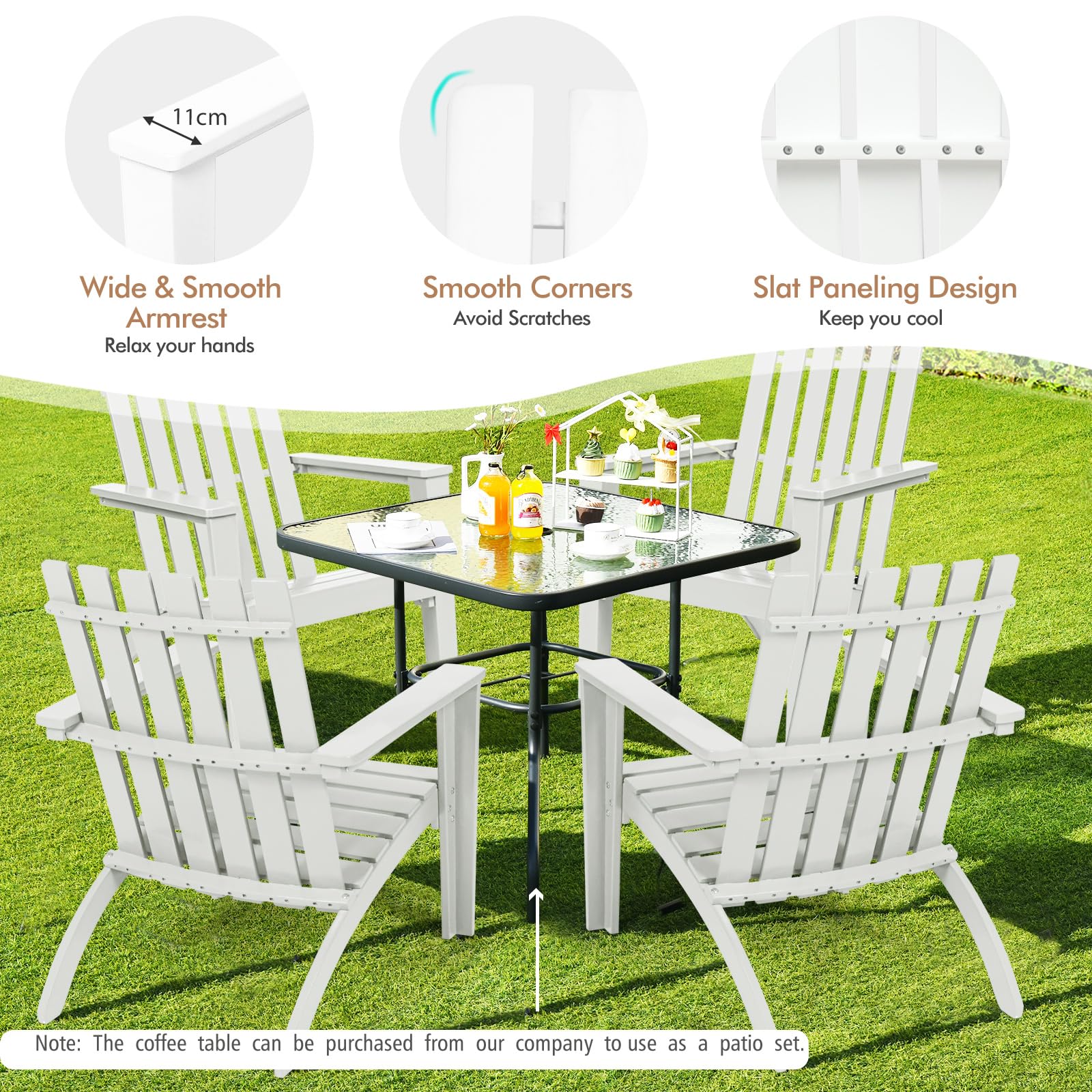 KOMFOTTEU Silla Adirondack de Madera de Acacia, Silla de Jardín con Respaldo y Reposabrazos, Sillón Ergonómica con Carga de hasta 160 kg, Silla de Relajación para Balcón, Terraza (Blanco)