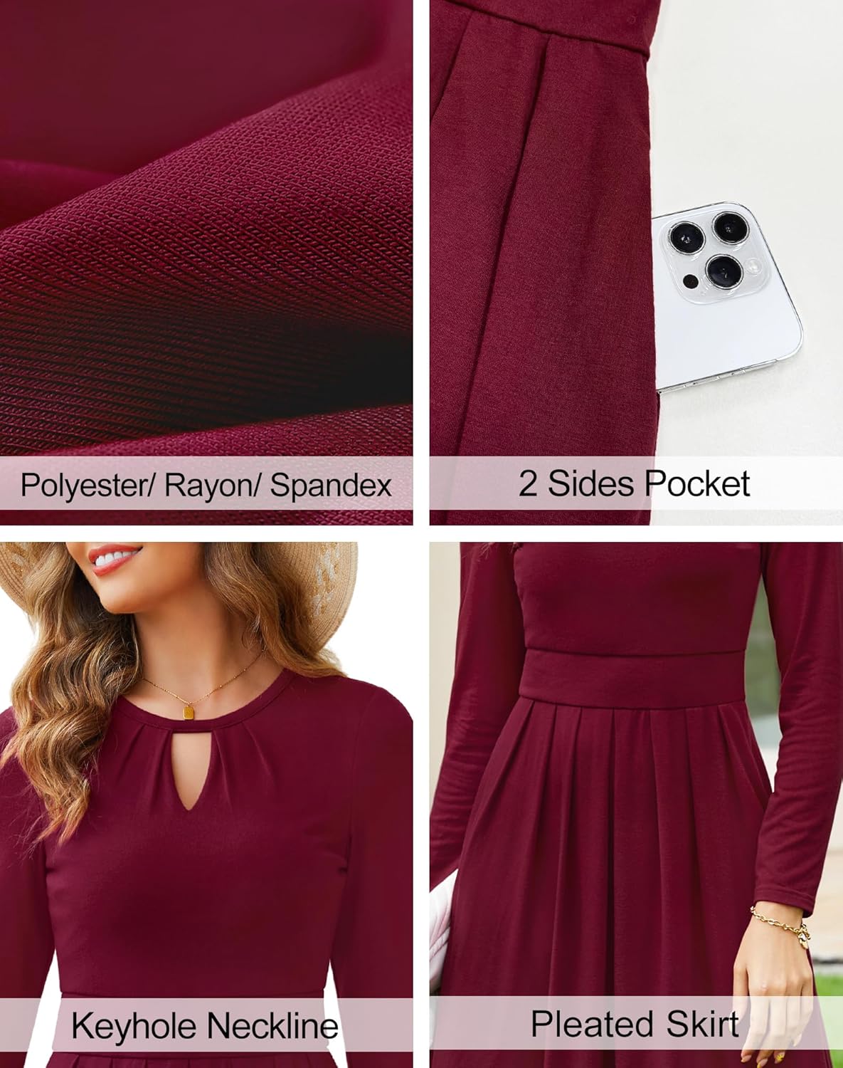 Annebouti Womens 2026 Spring Long Sleeve Keyhole Neckline A-Line Pleated Casual Semi-Formal Midi Dress with Pockets - Image 6