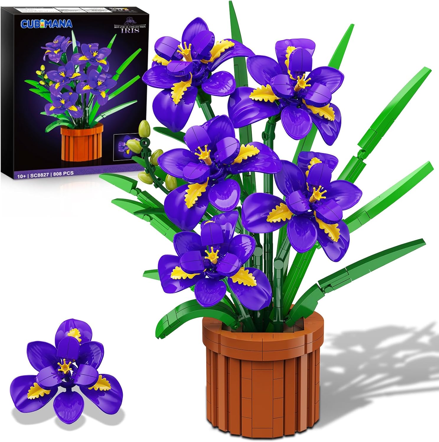 CUBIMANA Flowers Botanicals Iris Building Set - Easter Artificial Purple Bonsai Plant for Home Office Décor, 808PCS Flower Building Kit Indoor Decoration, Floar Gift for Adults Wife Girlfriend Mom