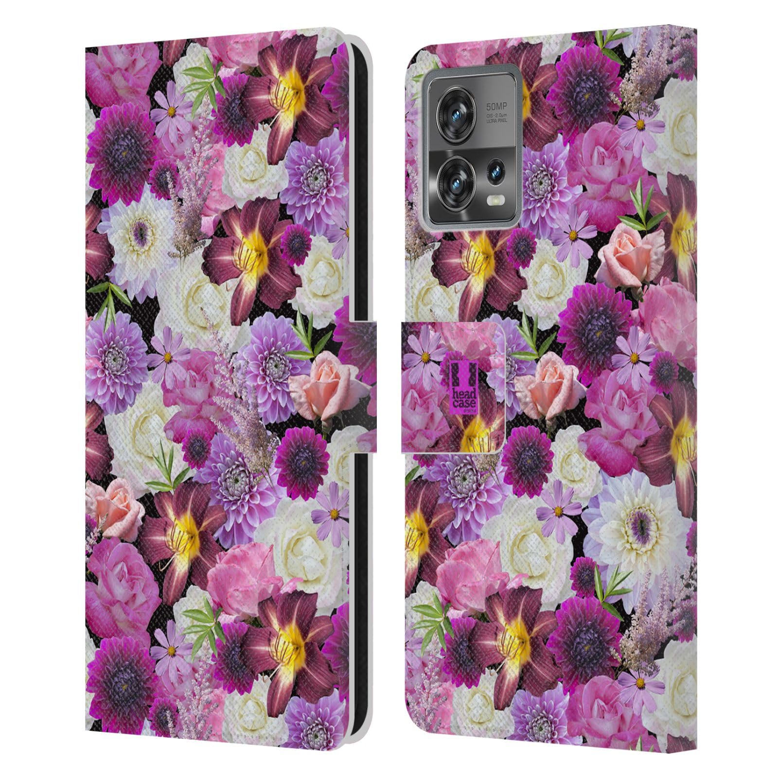 Head Case DesignsHead Case Designs Purple and White Assorted Flowers Leather Book Wallet Case Cover Compatible with Motorola Moto Edge 30 Fusion