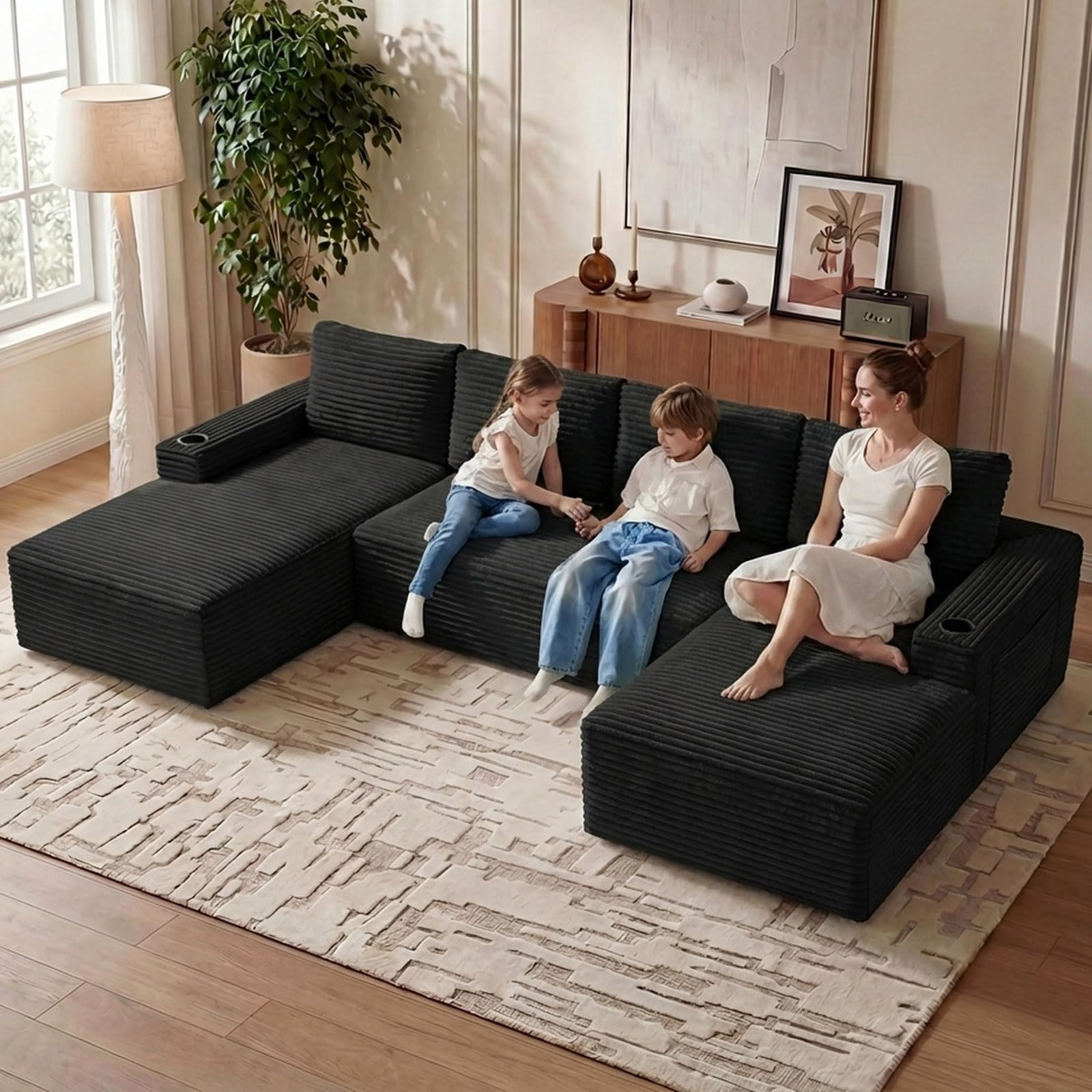 133" U-Shape Cloud Couch, Modern Modular Sectional U-Shape Sofa, Corduroy Boneless Couch Upholstered Couches Deep Seat Sleeper Chaise Longue for Living Room, No Assembly Required, Black