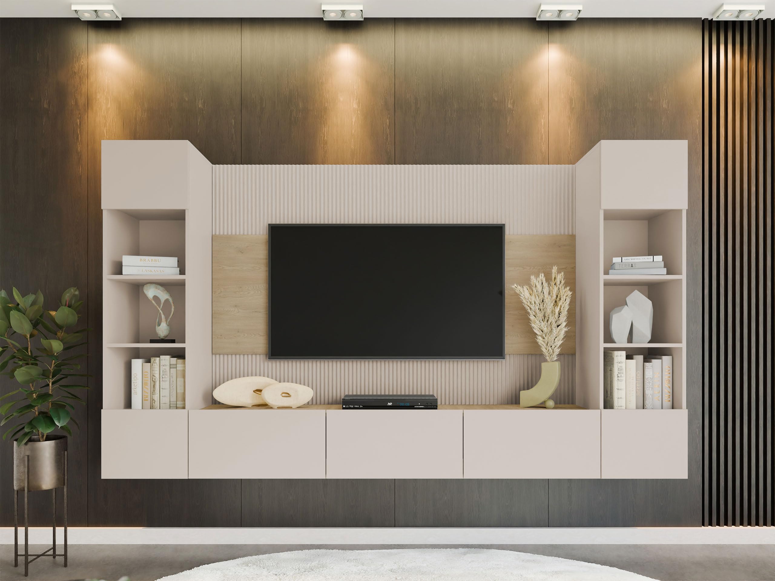 Mirjan24 Wohnwand Deromi, Anbauwand mit Wandpaneele und TV-Lowboard, Akustikplatten, Fernsehschrank, Schrankwand, Mediawand, TV-Lowboard (Sandbeige + Eiche Cremona, 2X Hängeregal)