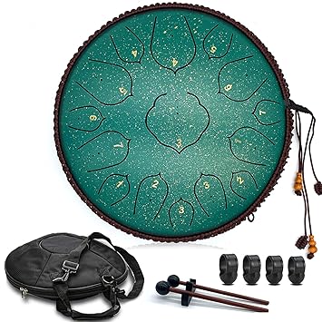 Steel Tongue Drum - 15 Note 14 Inch Tongue Drum - Tongue Drum Instrument - Hand Pan Drums with Music Book, Steel Handpan Drum Mallets and Carry Bag, D Major