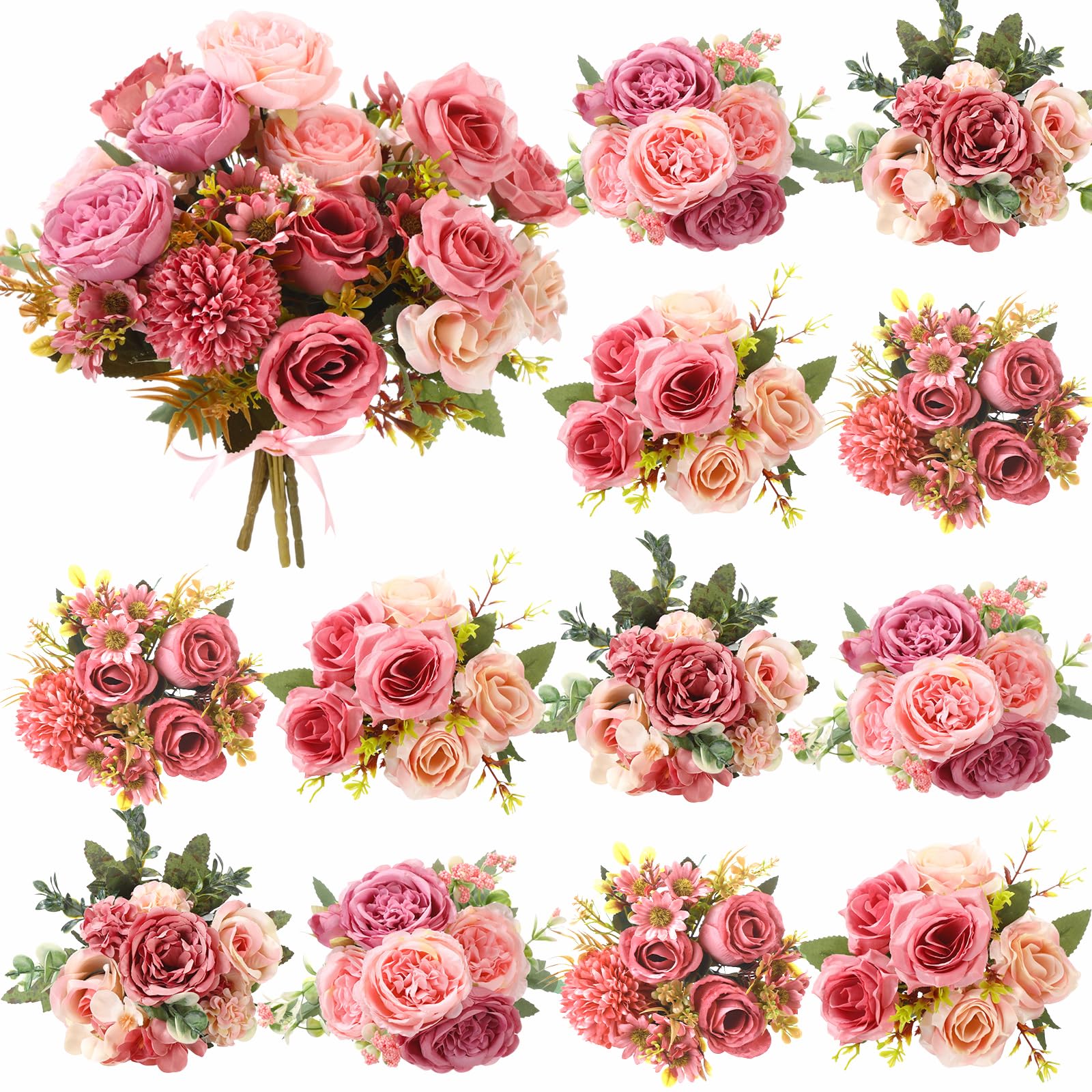 Photo 1 of Zeyune 12 Bundles Dusty Pink Artificial Flowers Peonies Silk Dahlia Faux Rose Fake Chamomile Hydrangea Bouquet Floral Arrangements Bulk for Home Vase Wedding Party Table Centerpiece (Peonies)