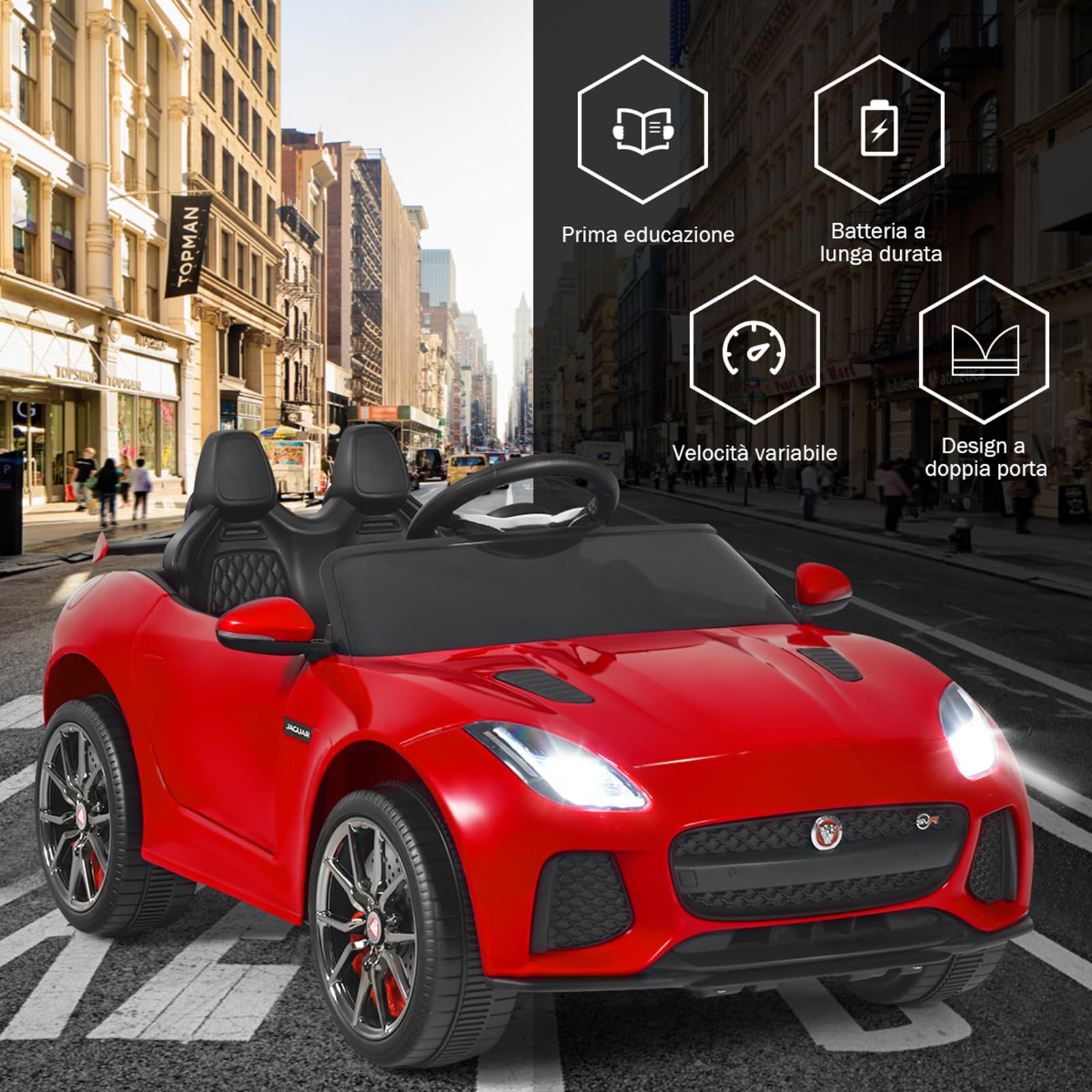 COSTWAY Jaguar Auto Elettrico 12 V per Bambini, Macchina Elettrica con Telecomando, con Luci Musica Storia, Avvio Lento, Velocità 3-5 km/h (Rosso)